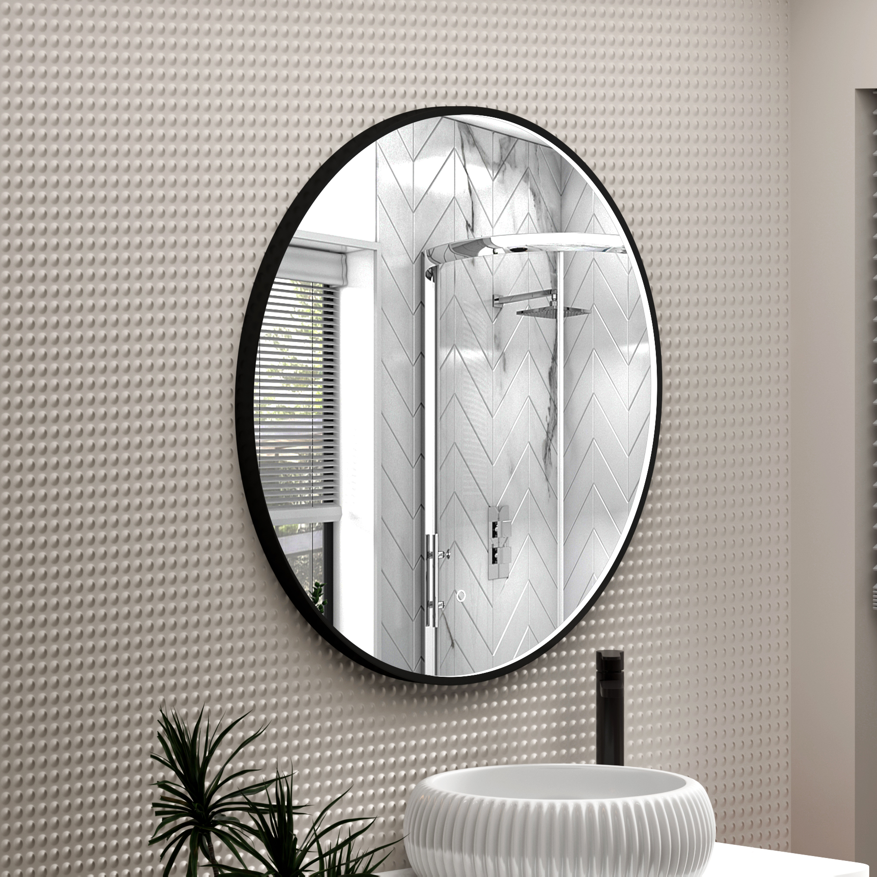 Luxor Matt Black Round Framed Mirror Within Frame LED, Touch Sensor & Demister Pad