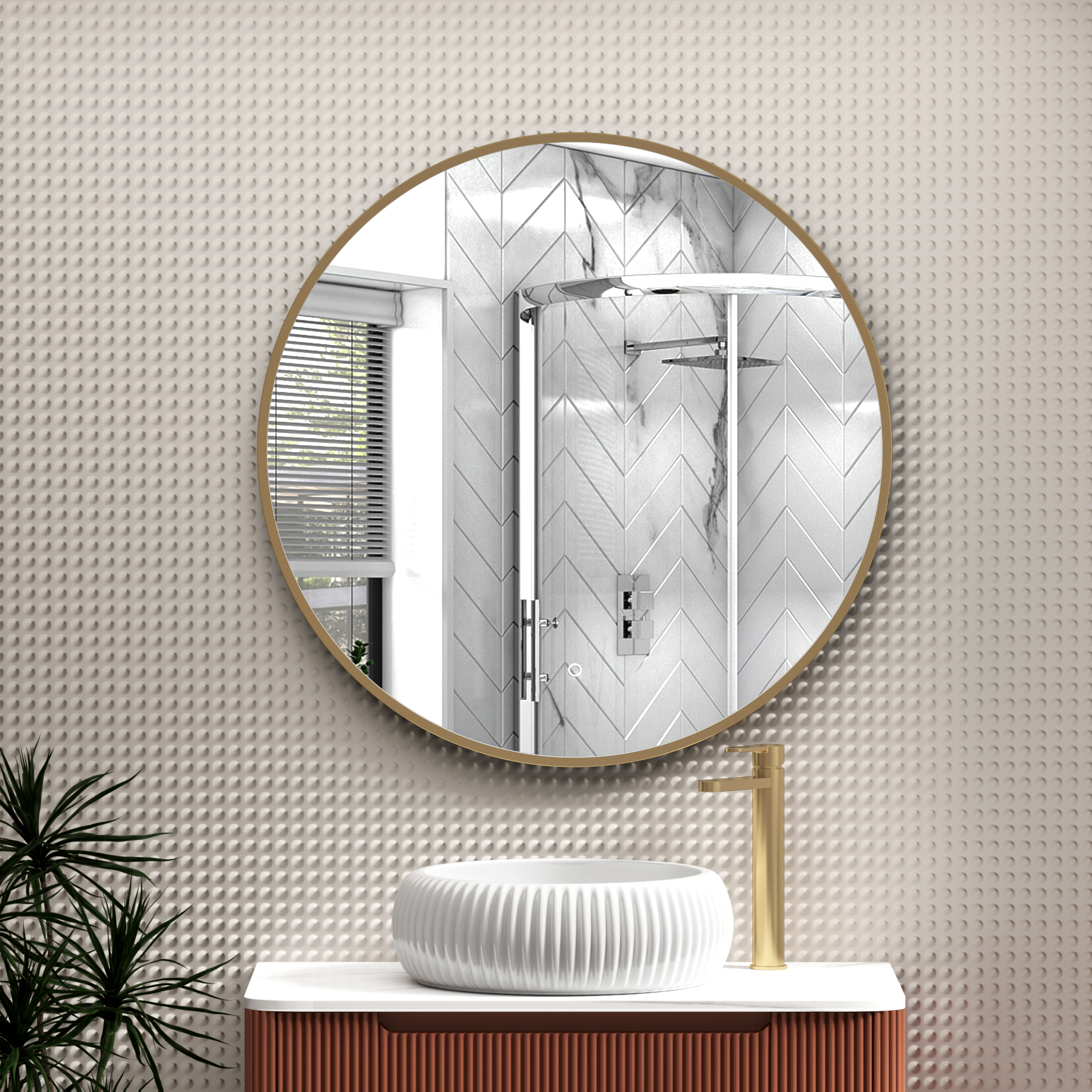 Luxor Brushed Brass Round Framed Mirror Within Frame LED, Touch Sensor & Demister Pad