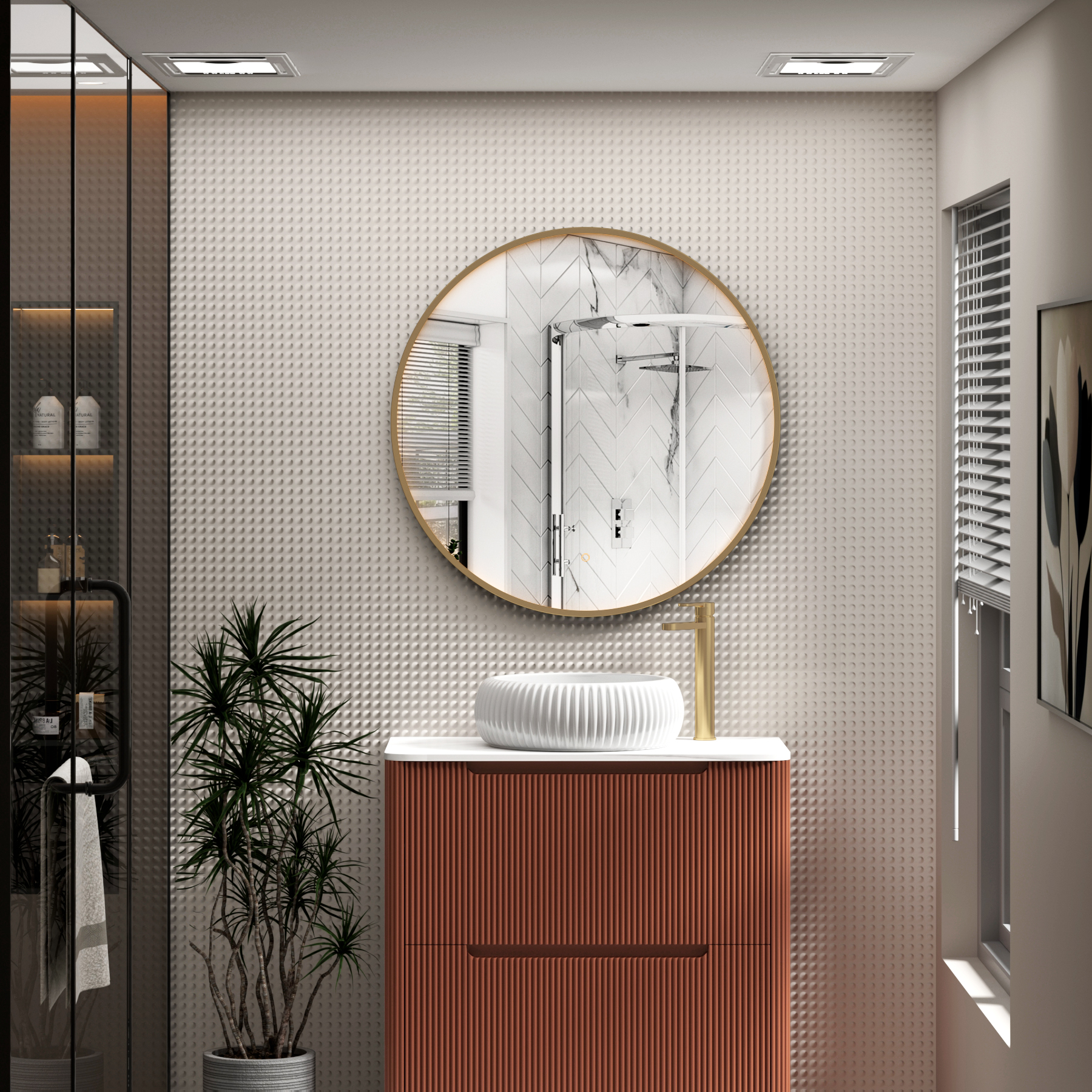 Luxor Brushed Brass Round Framed Mirror Within Frame LED, Touch Sensor & Demister Pad