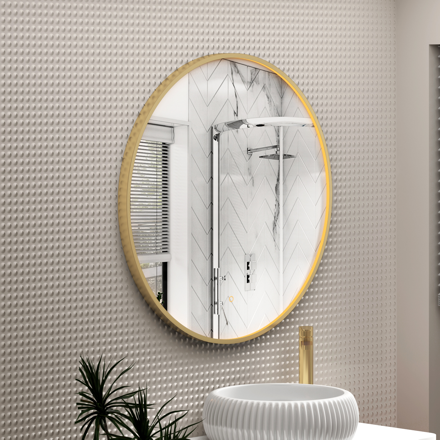 Luxor Brushed Brass Round Framed Mirror Within Frame LED, Touch Sensor & Demister Pad