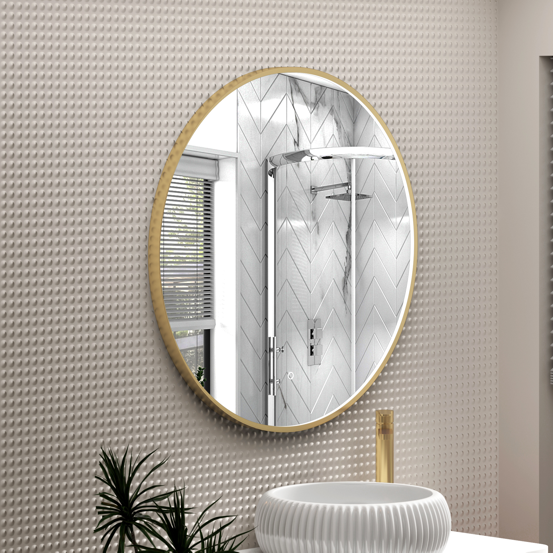 Luxor Brushed Brass Round Framed Mirror Within Frame LED, Touch Sensor & Demister Pad