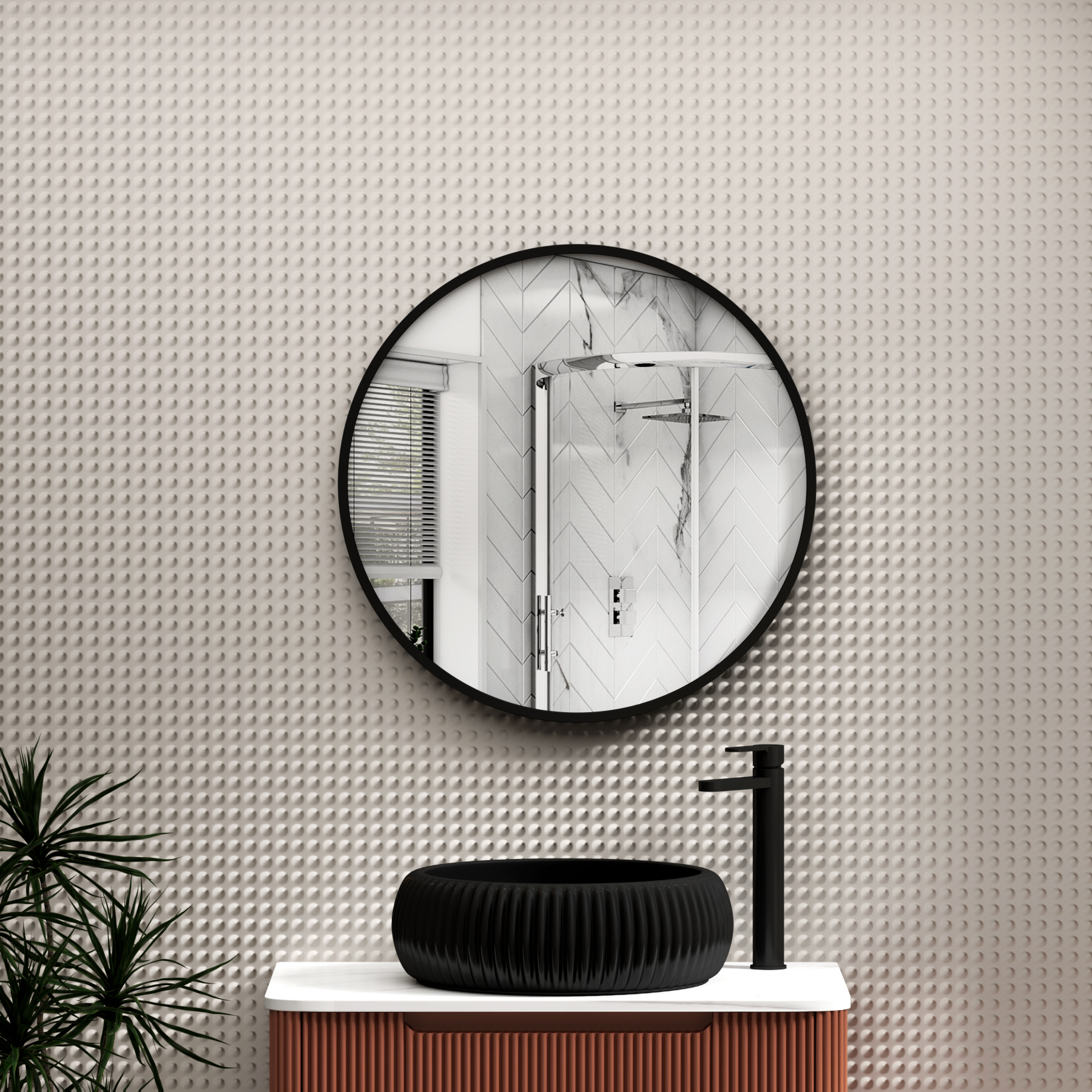 Elmore Matt Black Aluminum Framed Bathroom Mirror Round Minimalist Design 
