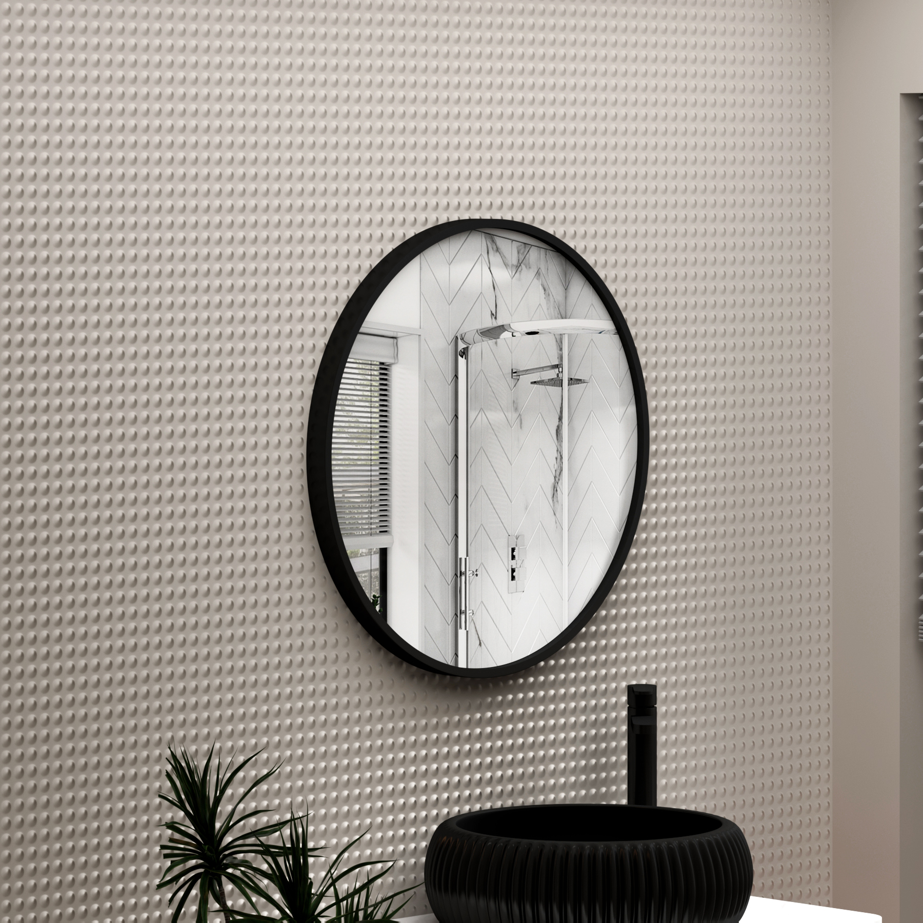 Elmore Matt Black Aluminum Framed Bathroom Mirror Round Minimalist Design 