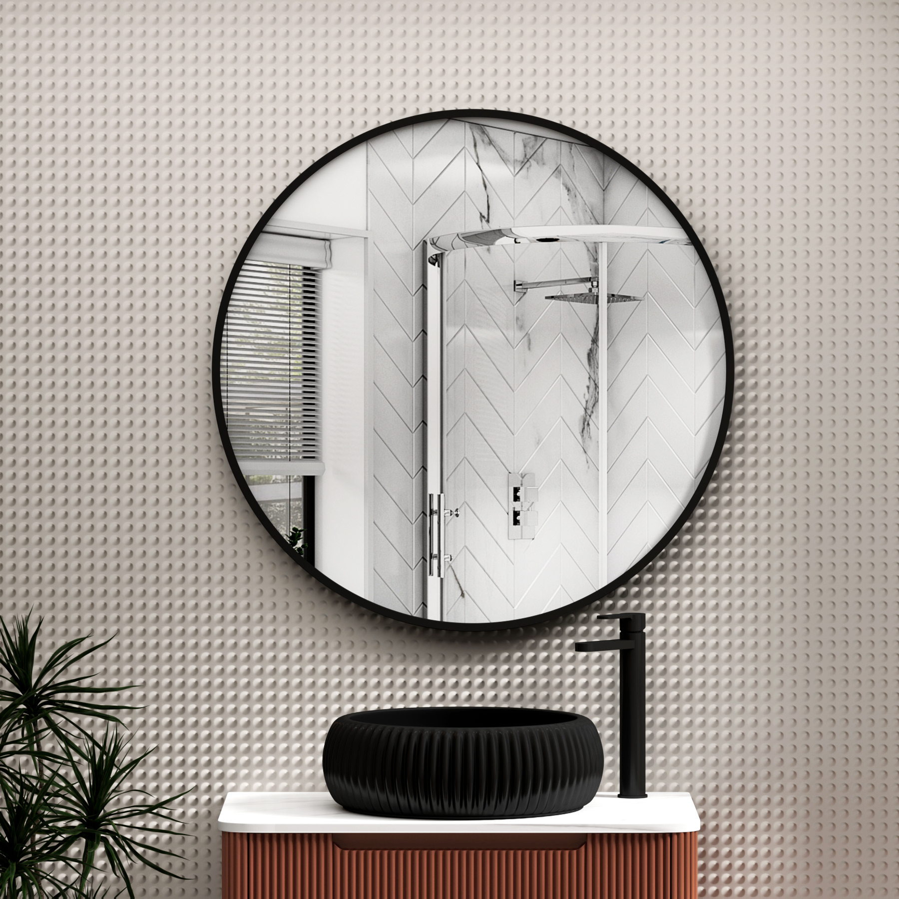 Elmore Matt Black Aluminum Framed Bathroom Mirror Round Minimalist Design 