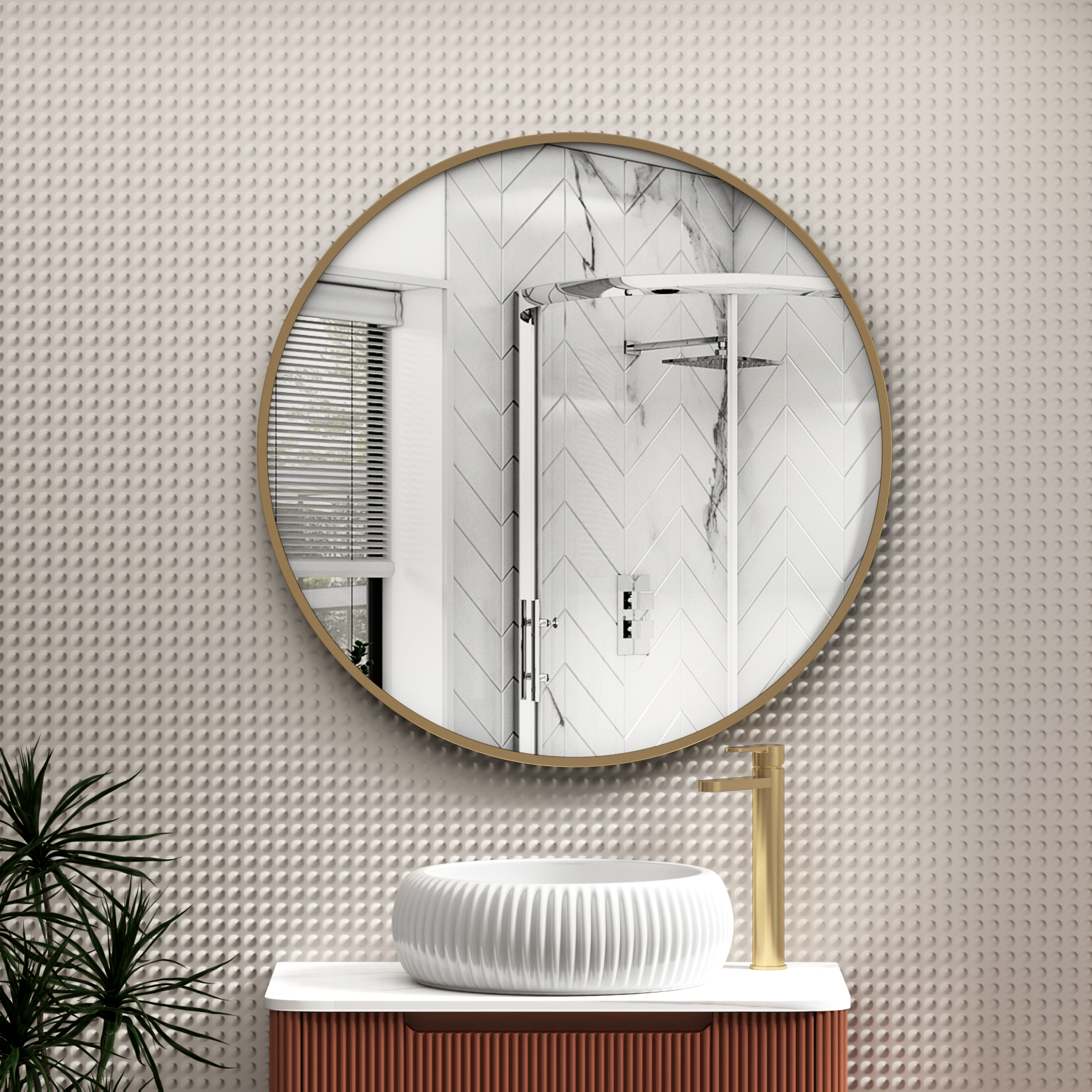 Elmore Brushed Brass Aluminum Framed Bathroom Mirror Round Minimalist Design 