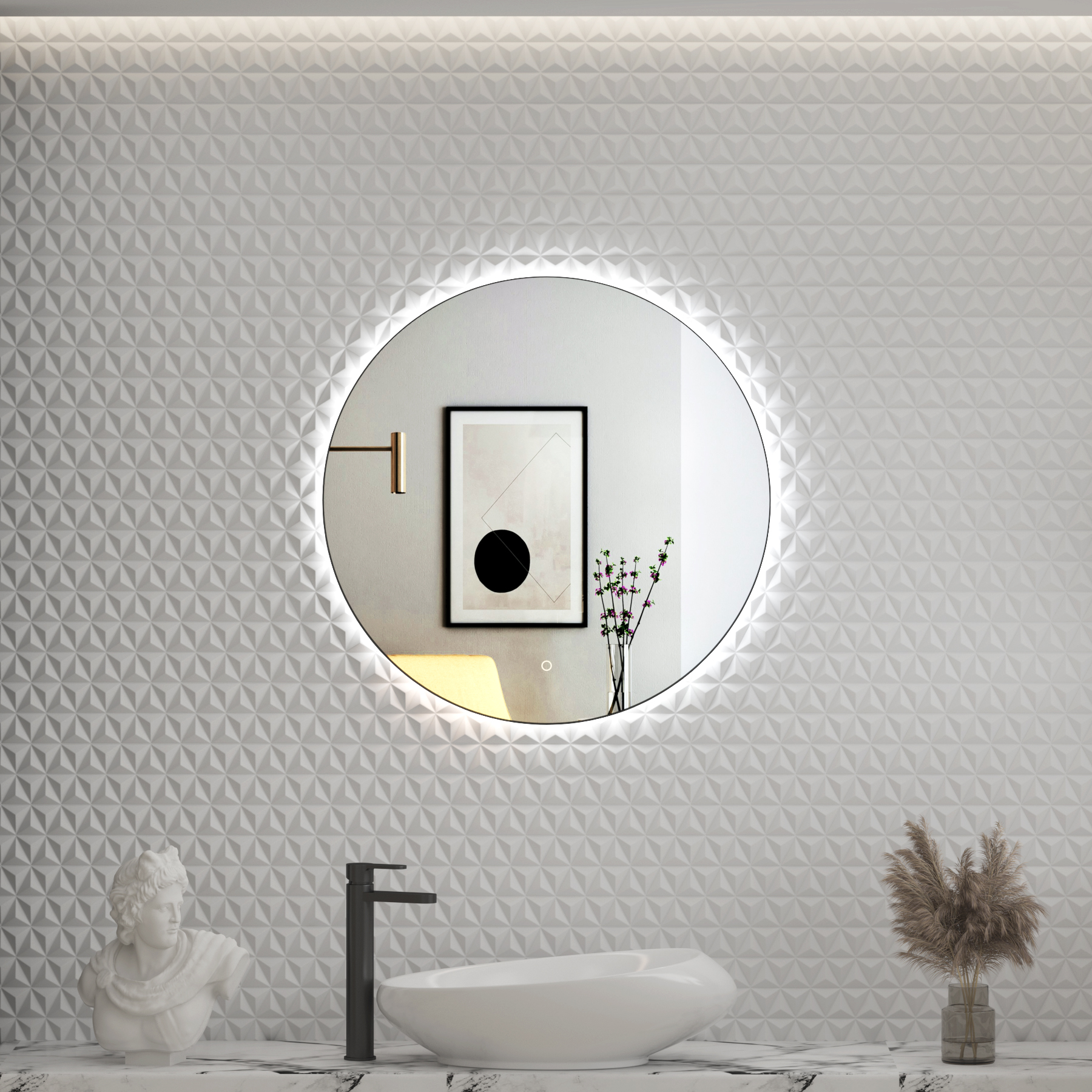 Luton Matt Black Round Backlit LED Illuminated Bathroom Mirror Framed with Demister Pad & Touch Sensor