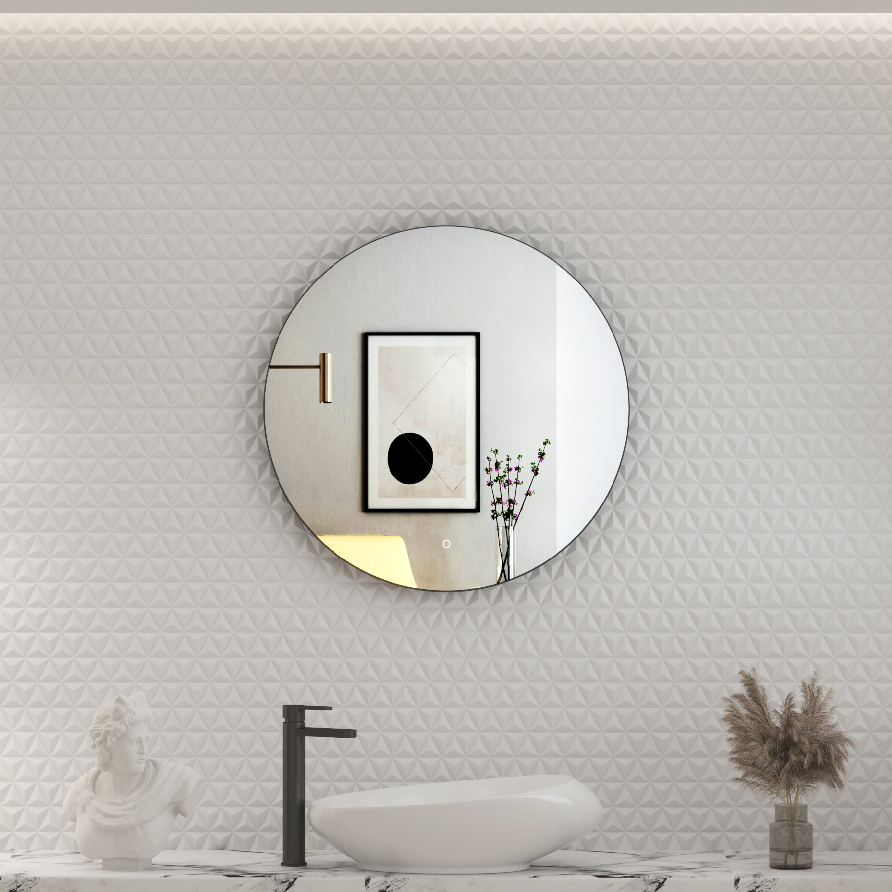 Luton Matt Black Round Backlit LED Illuminated Bathroom Mirror Framed with Demister Pad & Touch Sensor