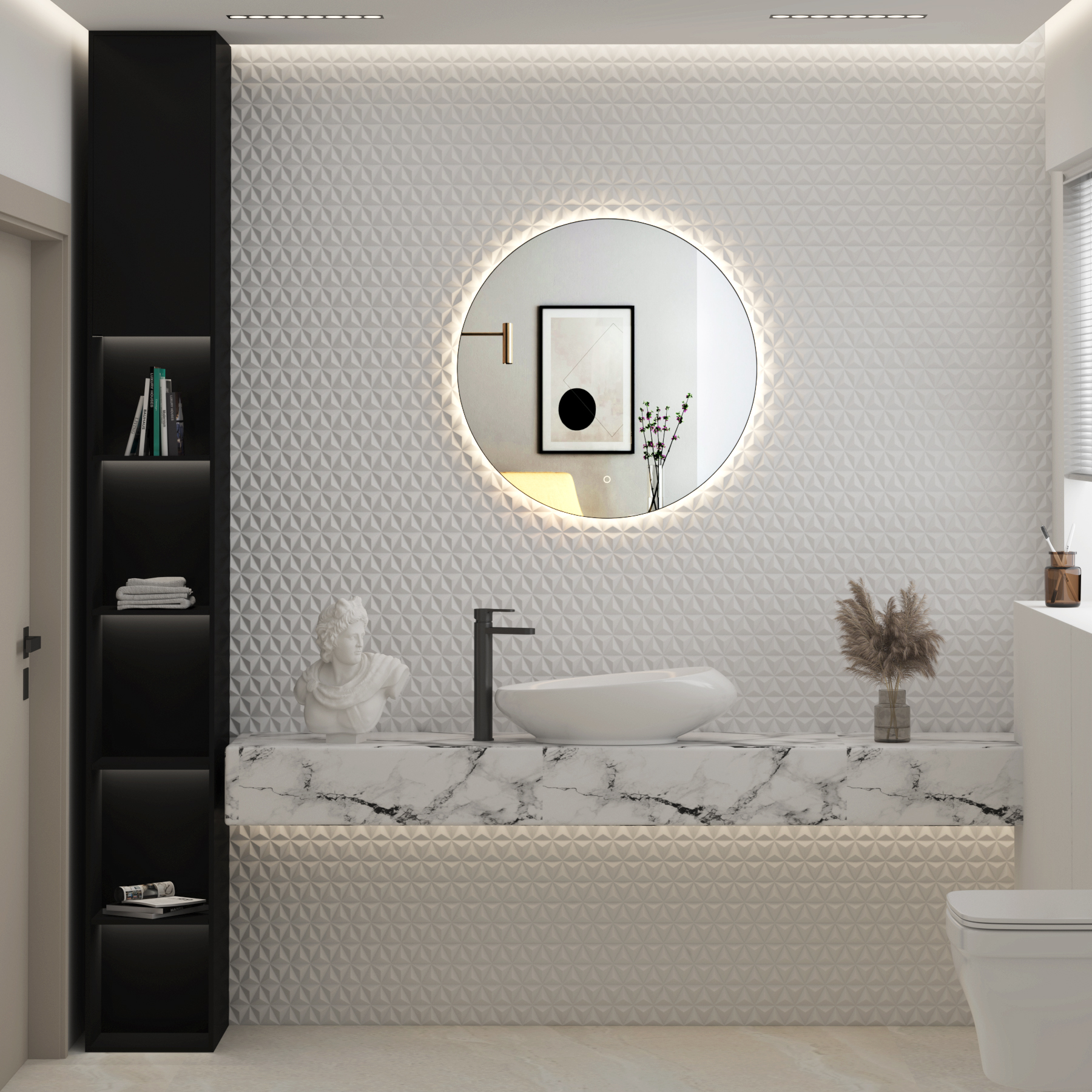 Luton Matt Black Round Backlit LED Illuminated Bathroom Mirror Framed with Demister Pad & Touch Sensor