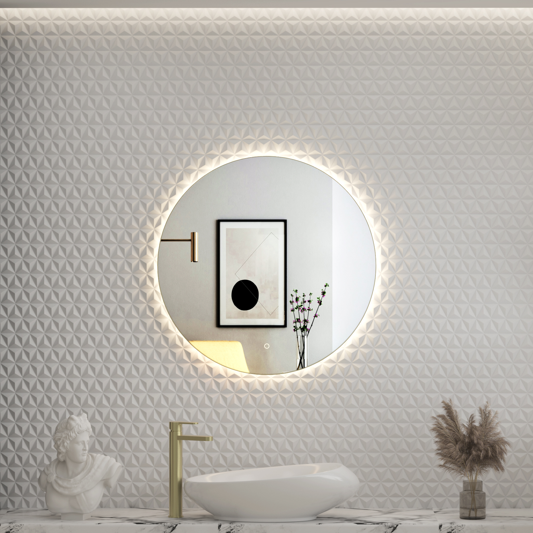 Luton Brushed Brass Round Backlit LED Illuminated Bathroom Mirror Framed with Touch Sensor & Anti-Fog