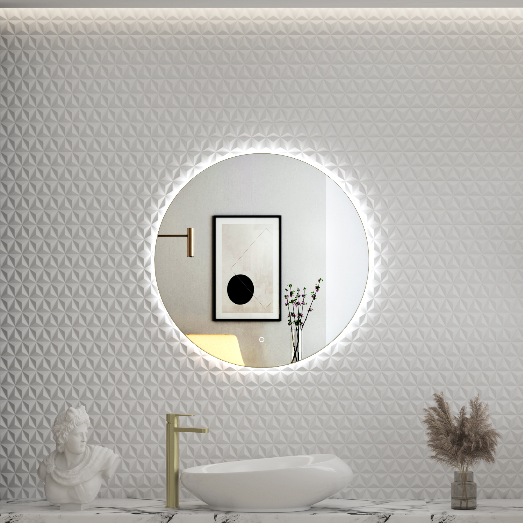Luton 600 x 600mm Brushed Brass Round Backlit LED Illuminated Bathroom Mirror Framed with Touch Sensor