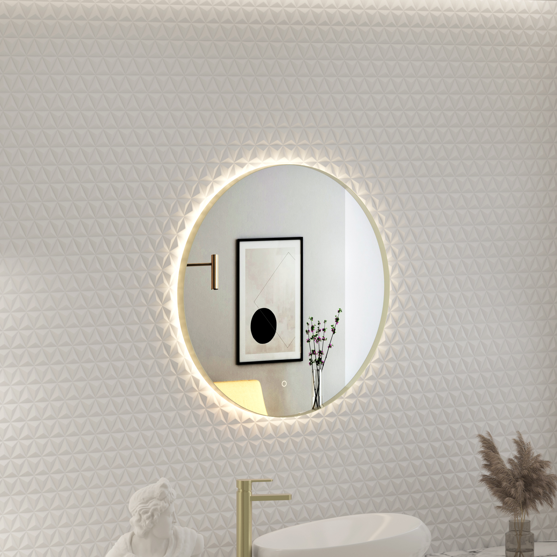 Luton Brushed Brass Round Backlit LED Illuminated Bathroom Mirror Framed with Touch Sensor & Anti-Fog