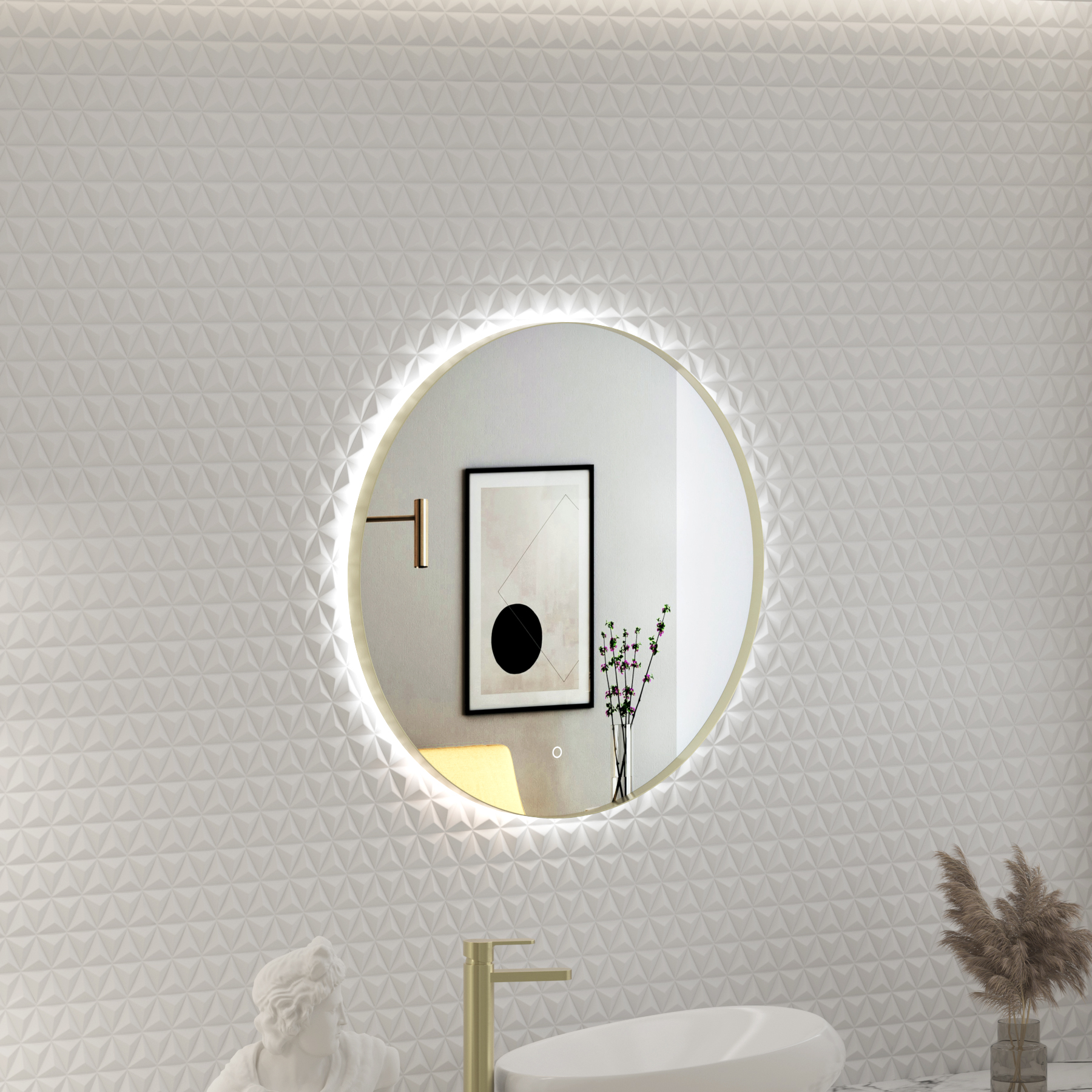 Luton Brushed Brass Round Backlit LED Illuminated Bathroom Mirror Framed with Touch Sensor & Anti-Fog