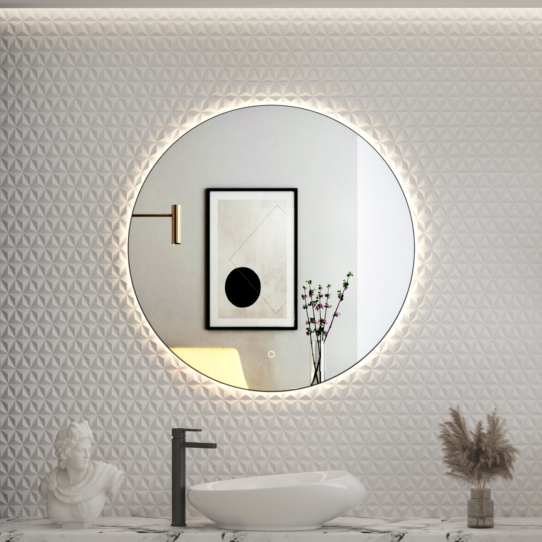 Luton Matt Black Round Backlit LED Illuminated Bathroom Mirror Framed with Demister Pad & Touch Sensor