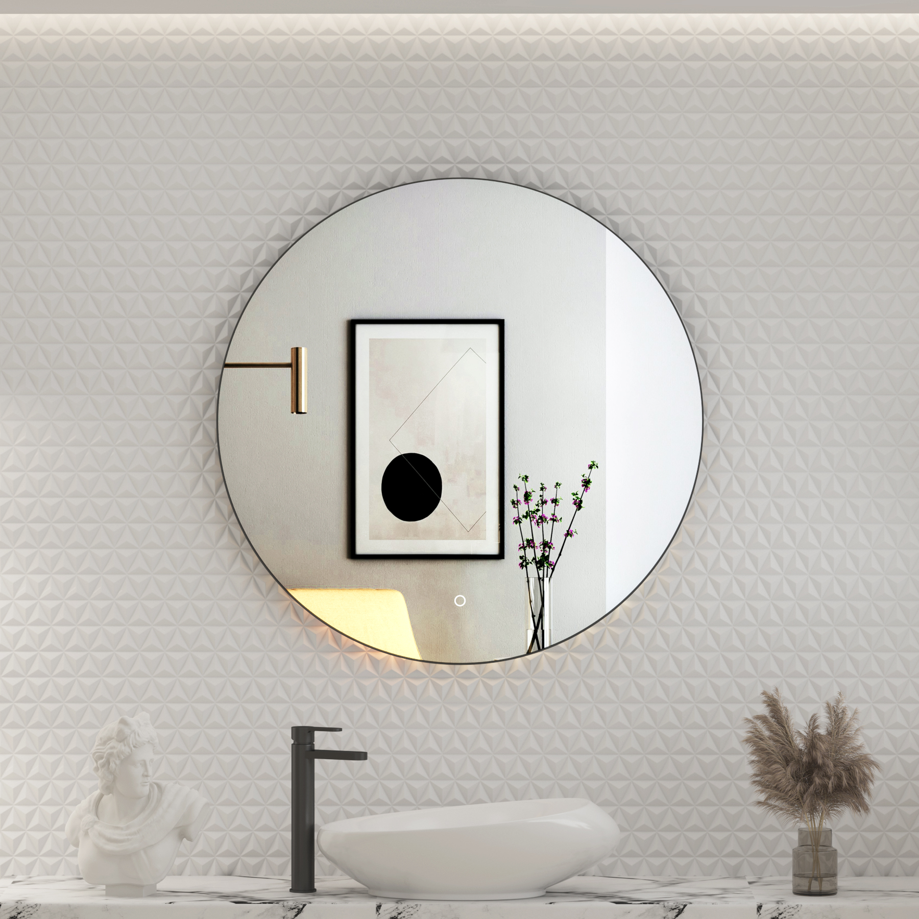 Luton Matt Black Round Backlit LED Illuminated Bathroom Mirror Framed with Demister Pad & Touch Sensor