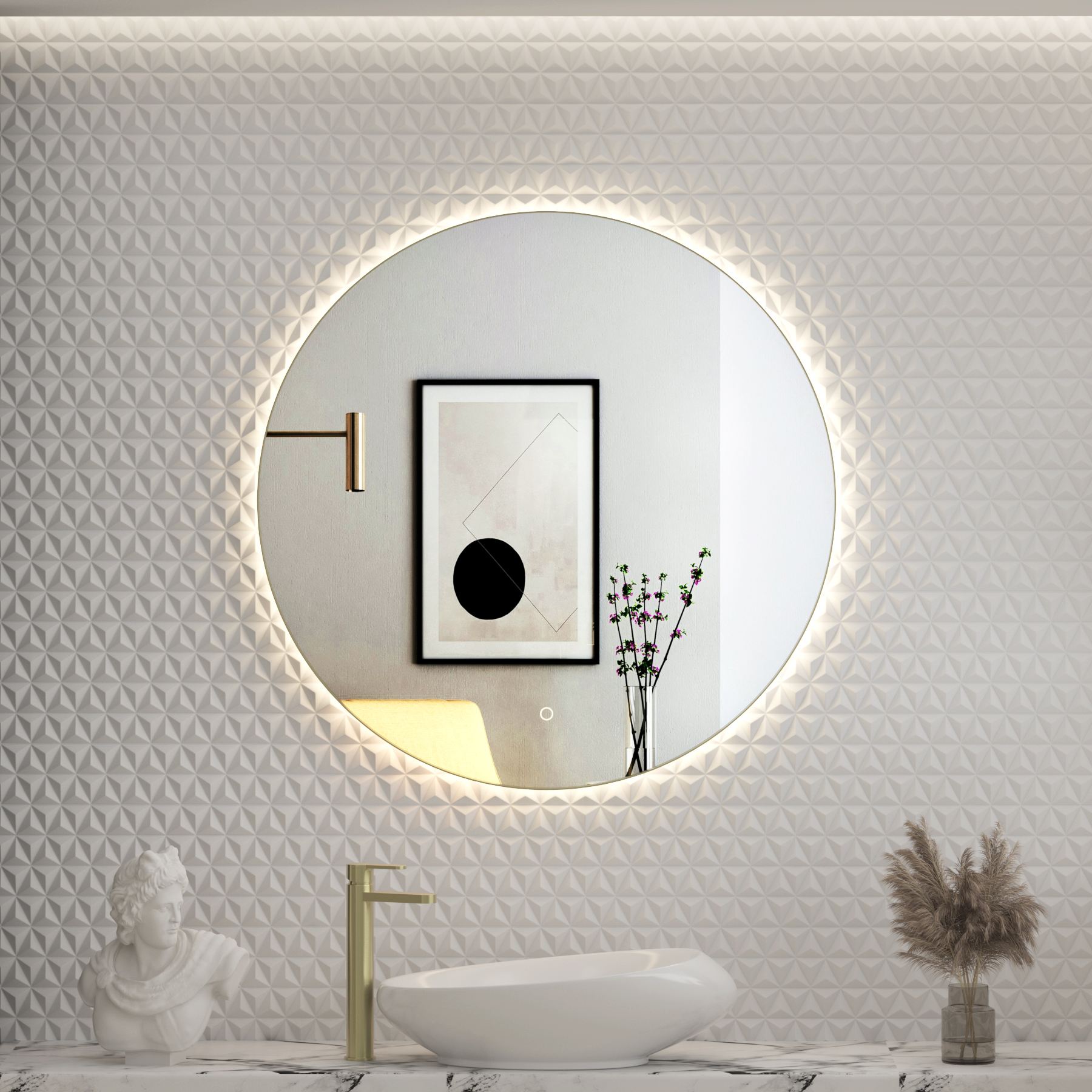 Luton 800 x 800mm Brushed Brass Round Backlit LED Illuminated Bathroom Mirror Framed with Touch Sensor