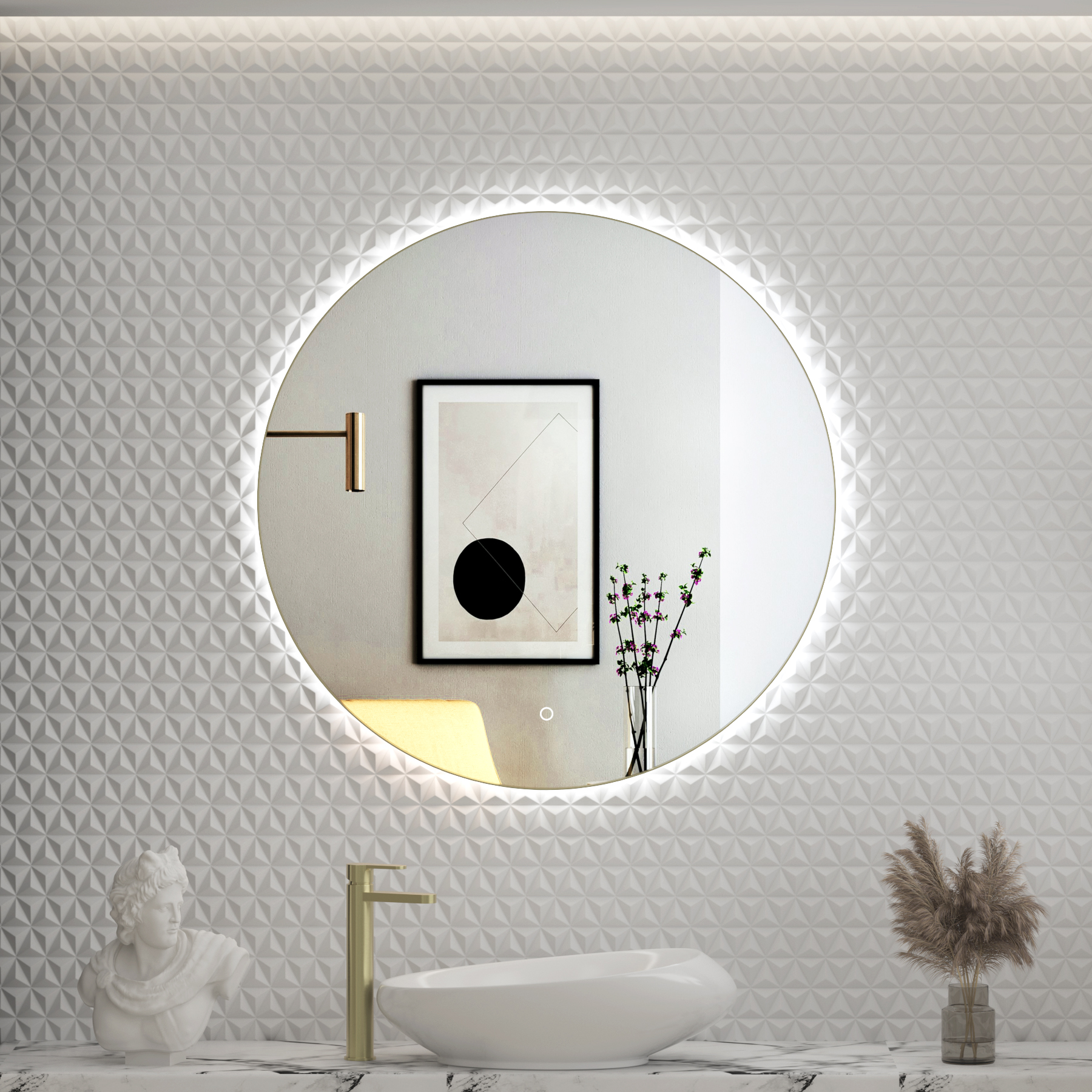 Luton Brushed Brass Round Backlit LED Illuminated Bathroom Mirror Framed with Touch Sensor & Anti-Fog