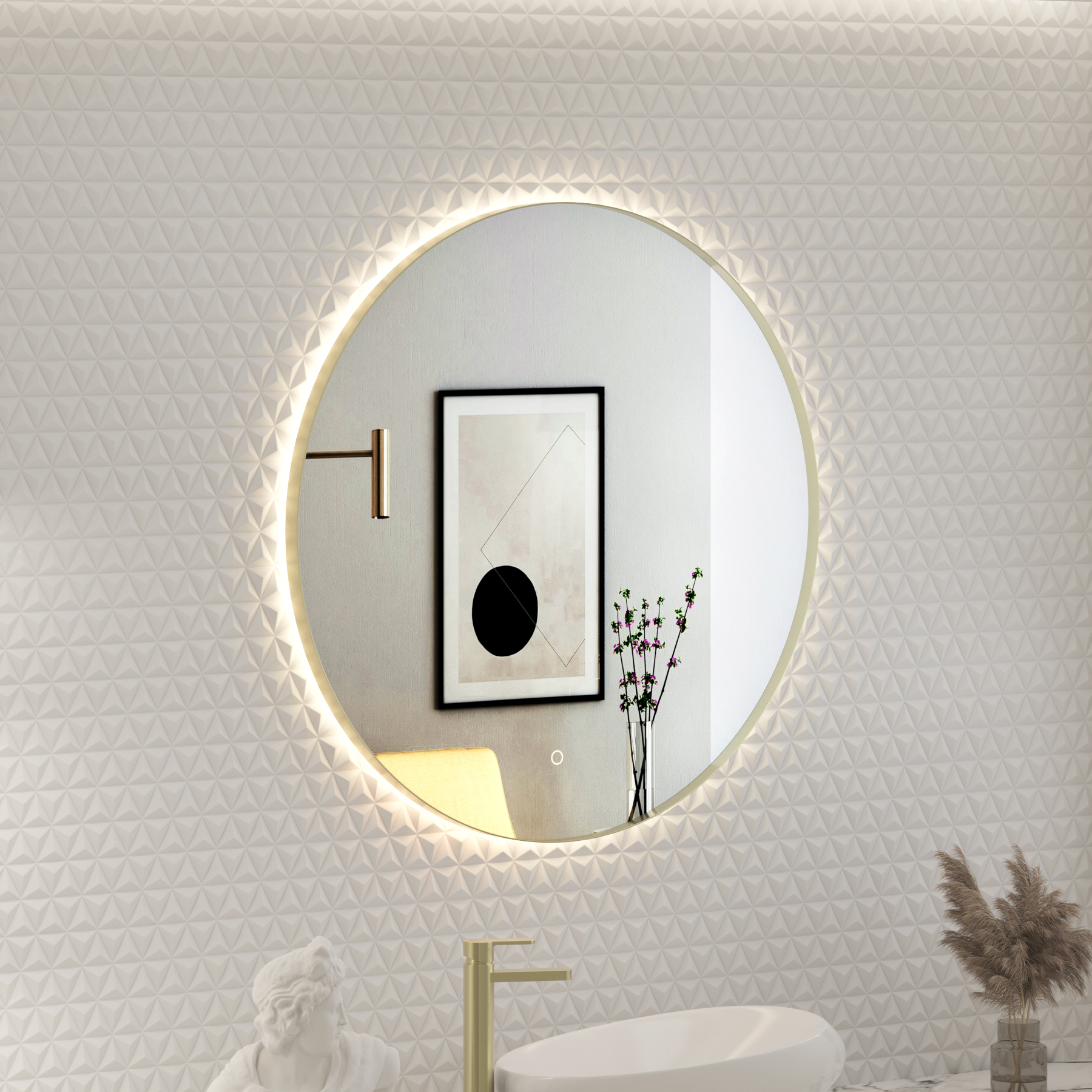 Luton Brushed Brass Round Backlit LED Illuminated Bathroom Mirror Framed with Touch Sensor & Anti-Fog
