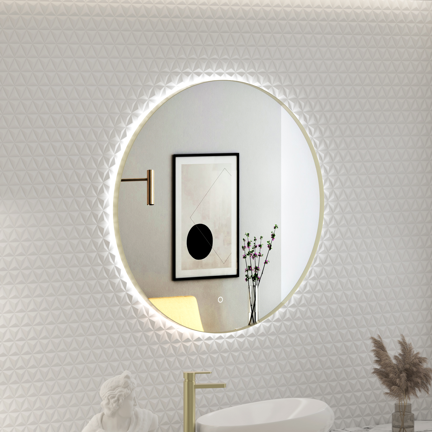 Luton Brushed Brass Round Backlit LED Illuminated Bathroom Mirror Framed with Touch Sensor & Anti-Fog