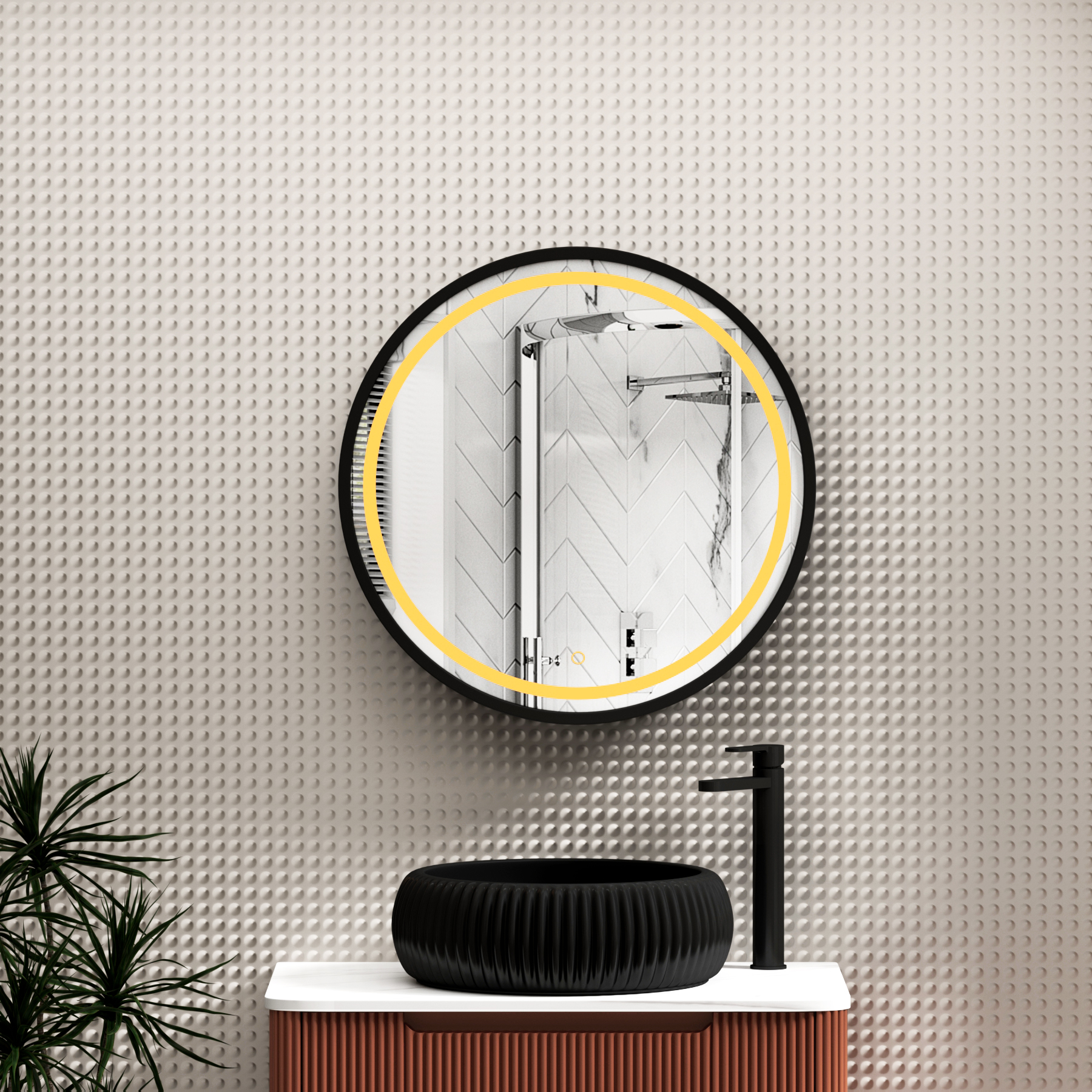 Avenza 600 x 600mm Matt Black Frontlit LED Cabinet Illuminated Mirror with Demister Pad & Touch Sensor