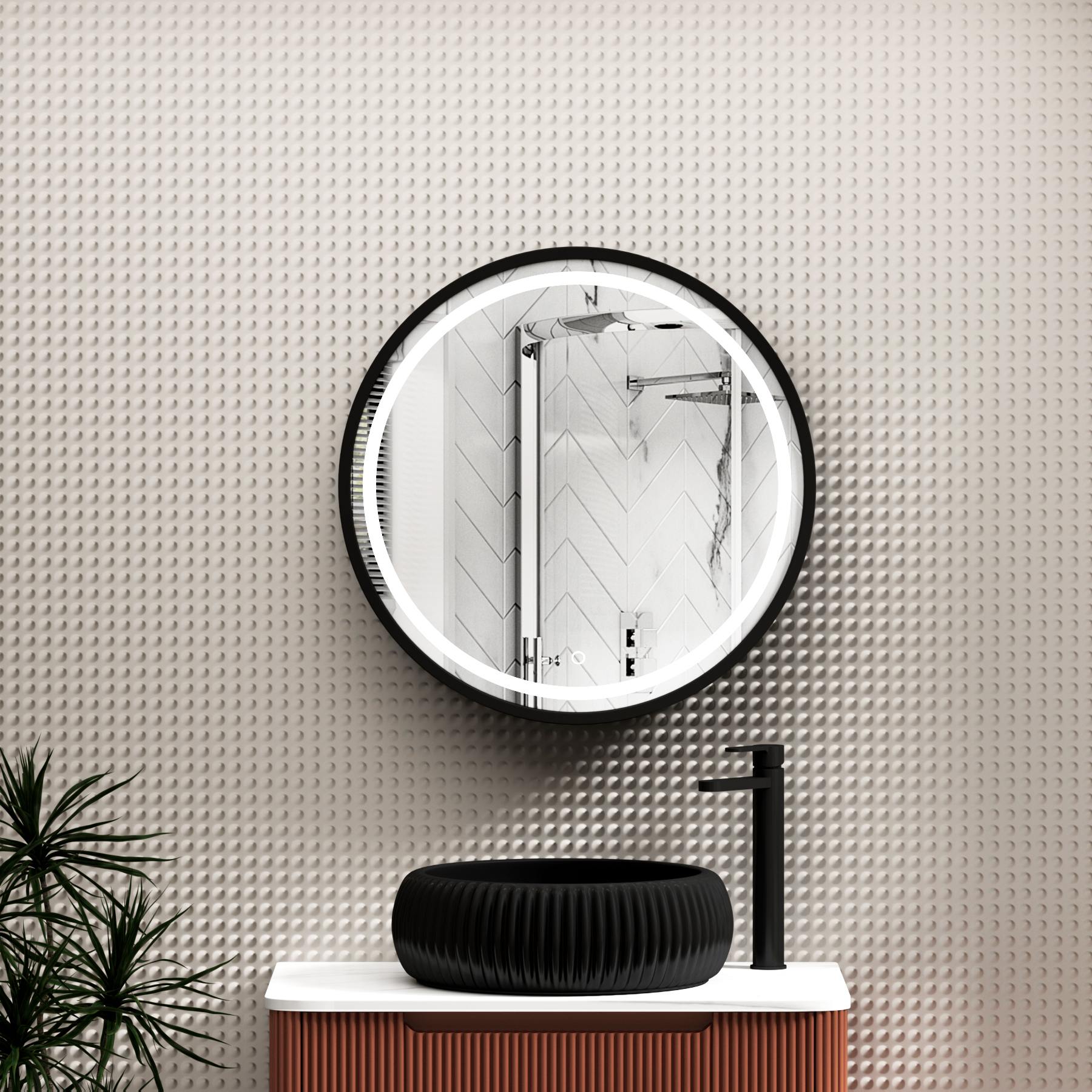 Avenza 600 x 600mm Matt Black Frontlit LED Cabinet Illuminated Mirror with Demister Pad & Touch Sensor