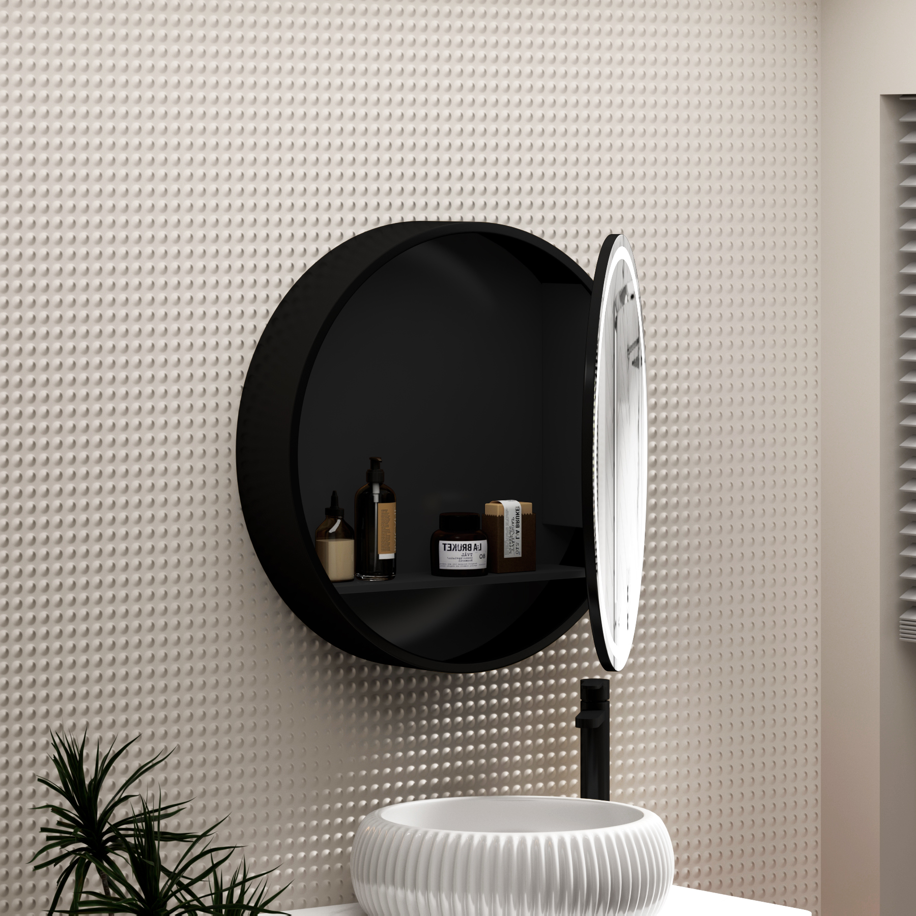 Avenza 600 x 600mm Matt Black Frontlit LED Cabinet Illuminated Mirror with Demister Pad & Touch Sensor