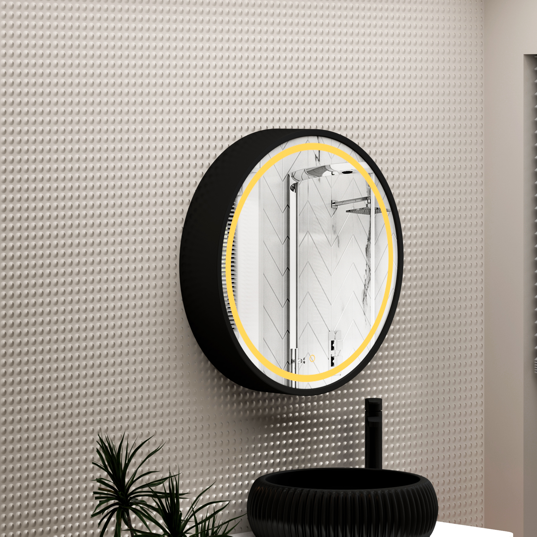 Avenza 600 x 600mm Matt Black Frontlit LED Cabinet Illuminated Mirror with Demister Pad & Touch Sensor