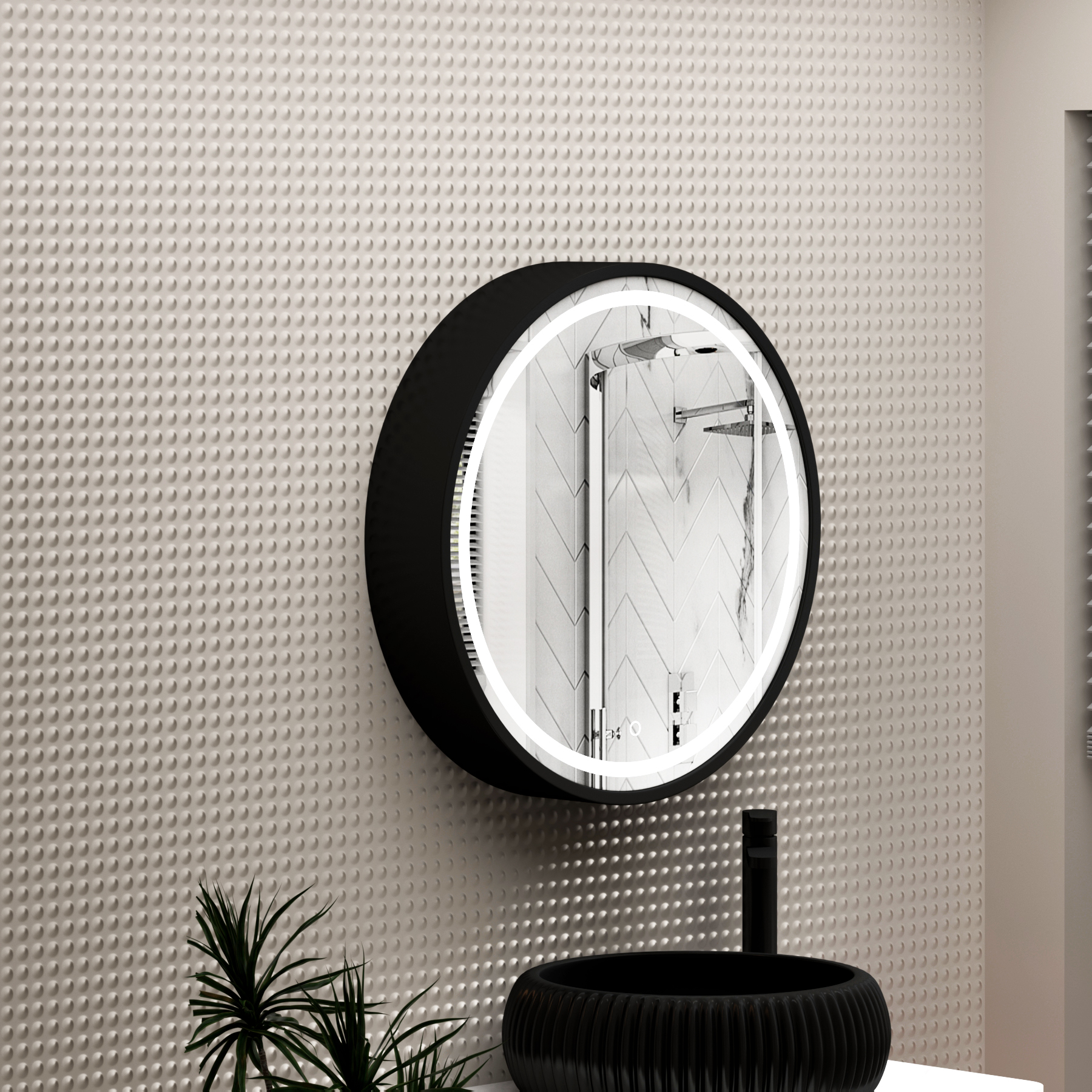 Avenza 600 x 600mm Matt Black Frontlit LED Cabinet Illuminated Mirror with Demister Pad & Touch Sensor