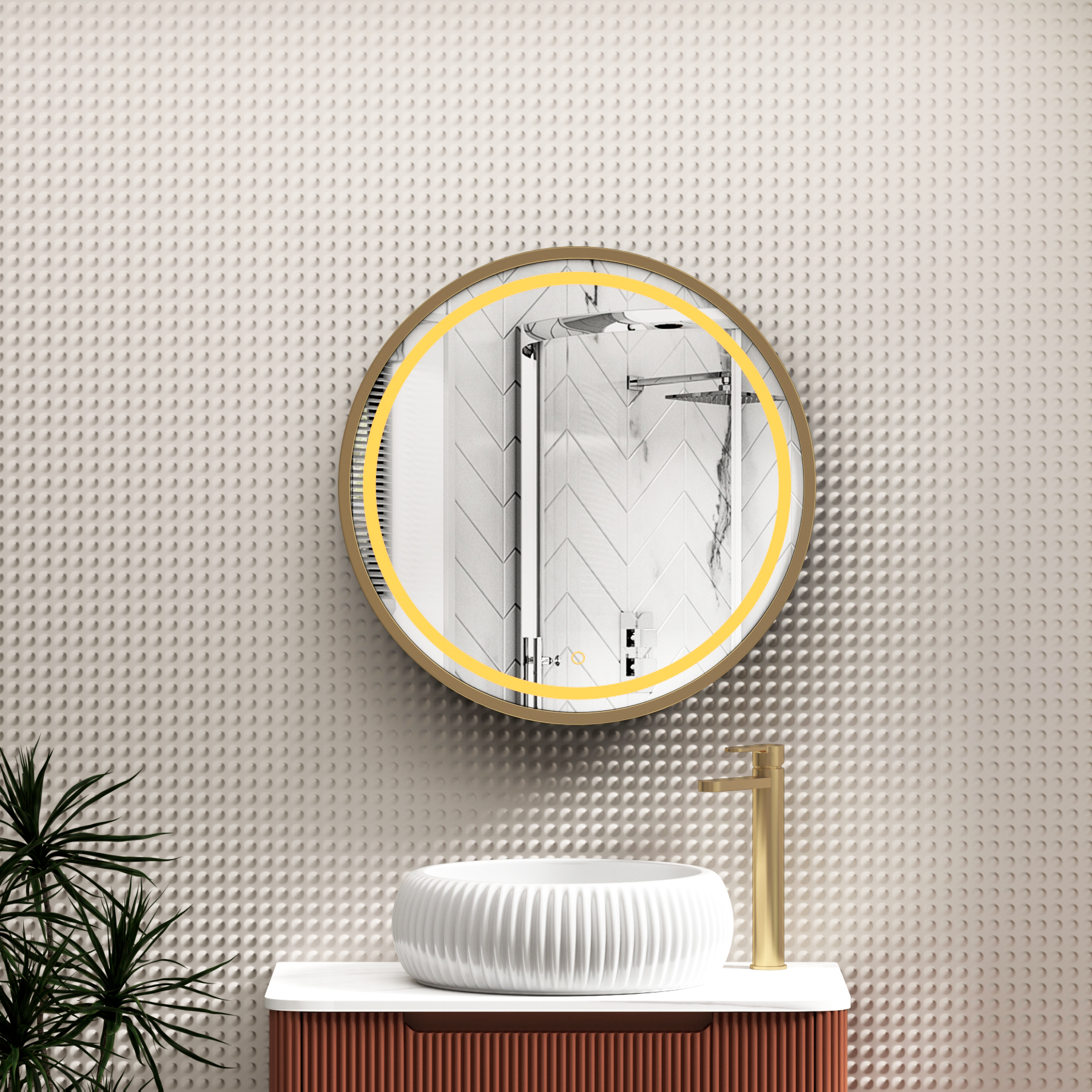 Avenza Brushed Brass Framed Frontlit LED Cabinet Illuminated Round Mirror with Demister Pad & Touch Sensor