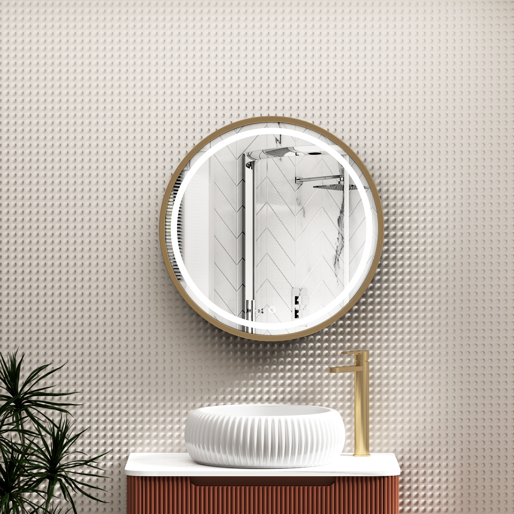 Avenza 600 x 600mm Brushed Brass Frontlit LED Cabinet Illuminated Framed Mirror with Demister Pad & Touch Sensor
