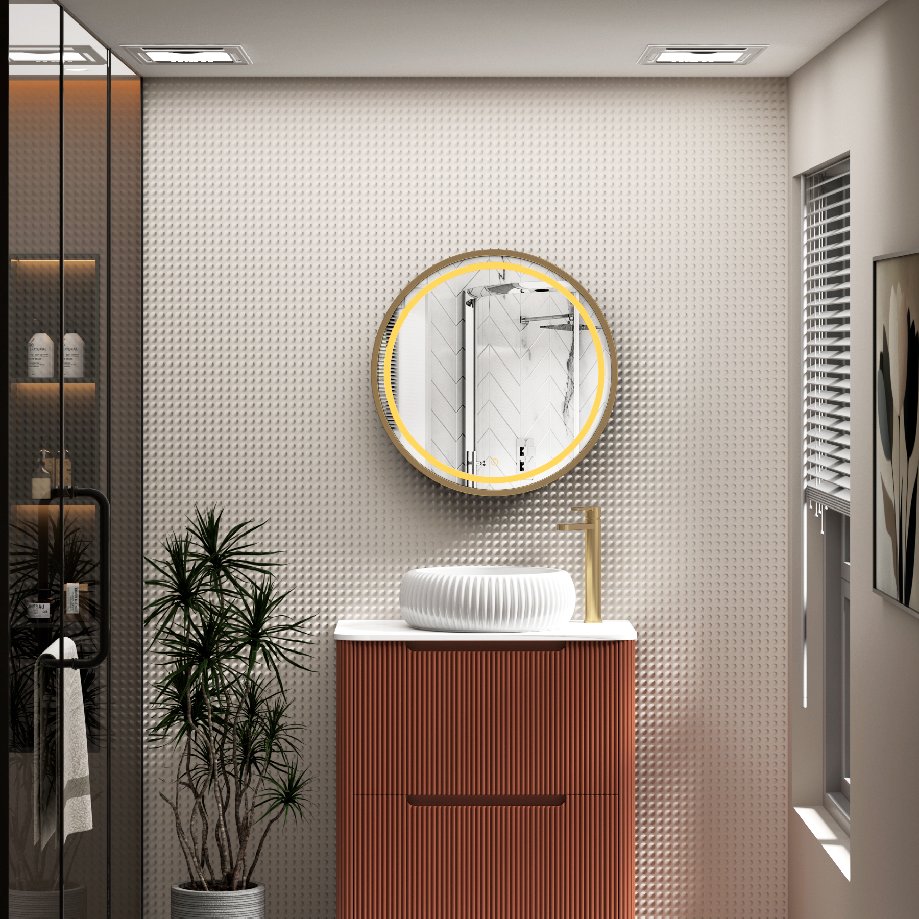Avenza Brushed Brass Framed Frontlit LED Cabinet Illuminated Round Mirror with Demister Pad & Touch Sensor