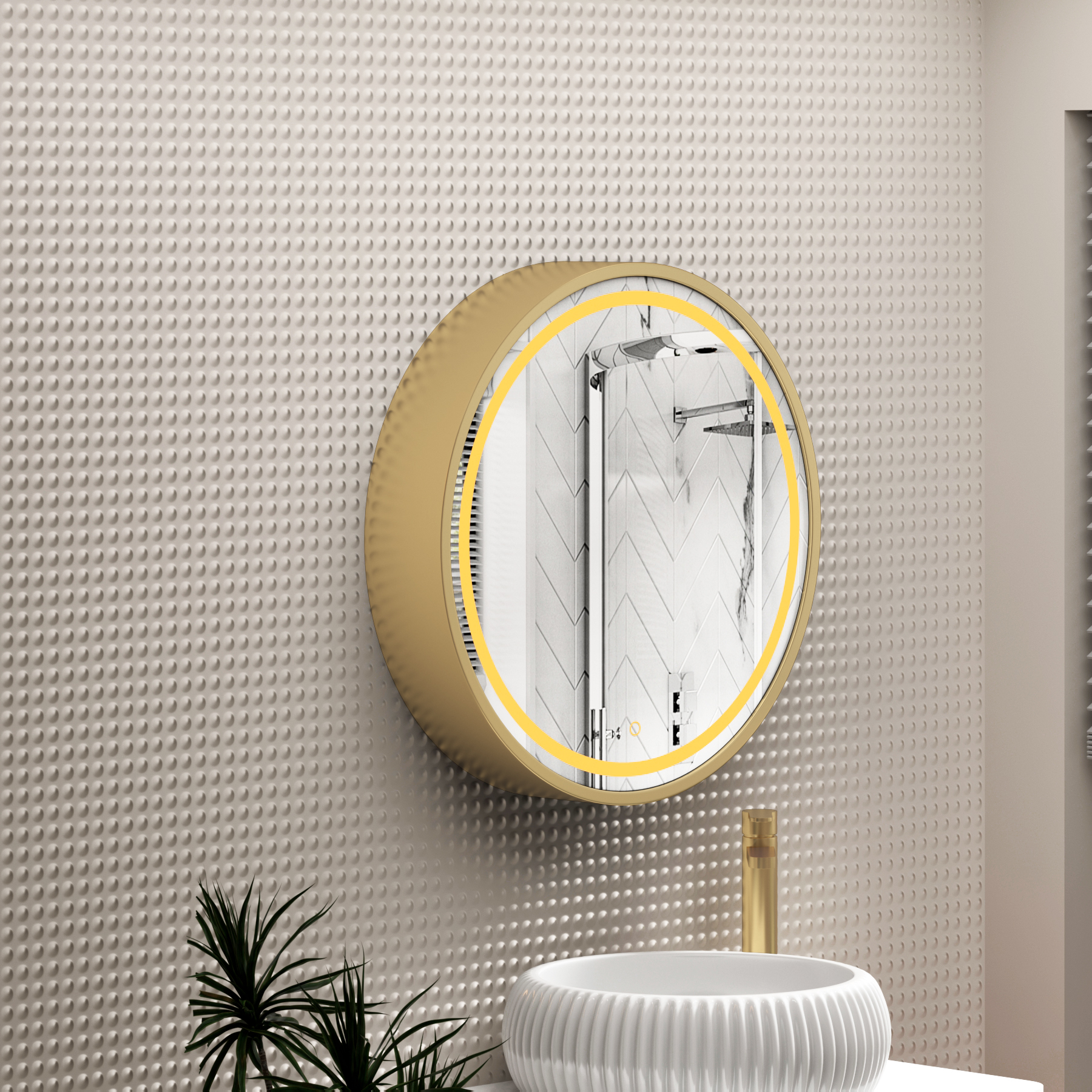 Avenza Brushed Brass Framed Frontlit LED Cabinet Illuminated Round Mirror with Demister Pad & Touch Sensor
