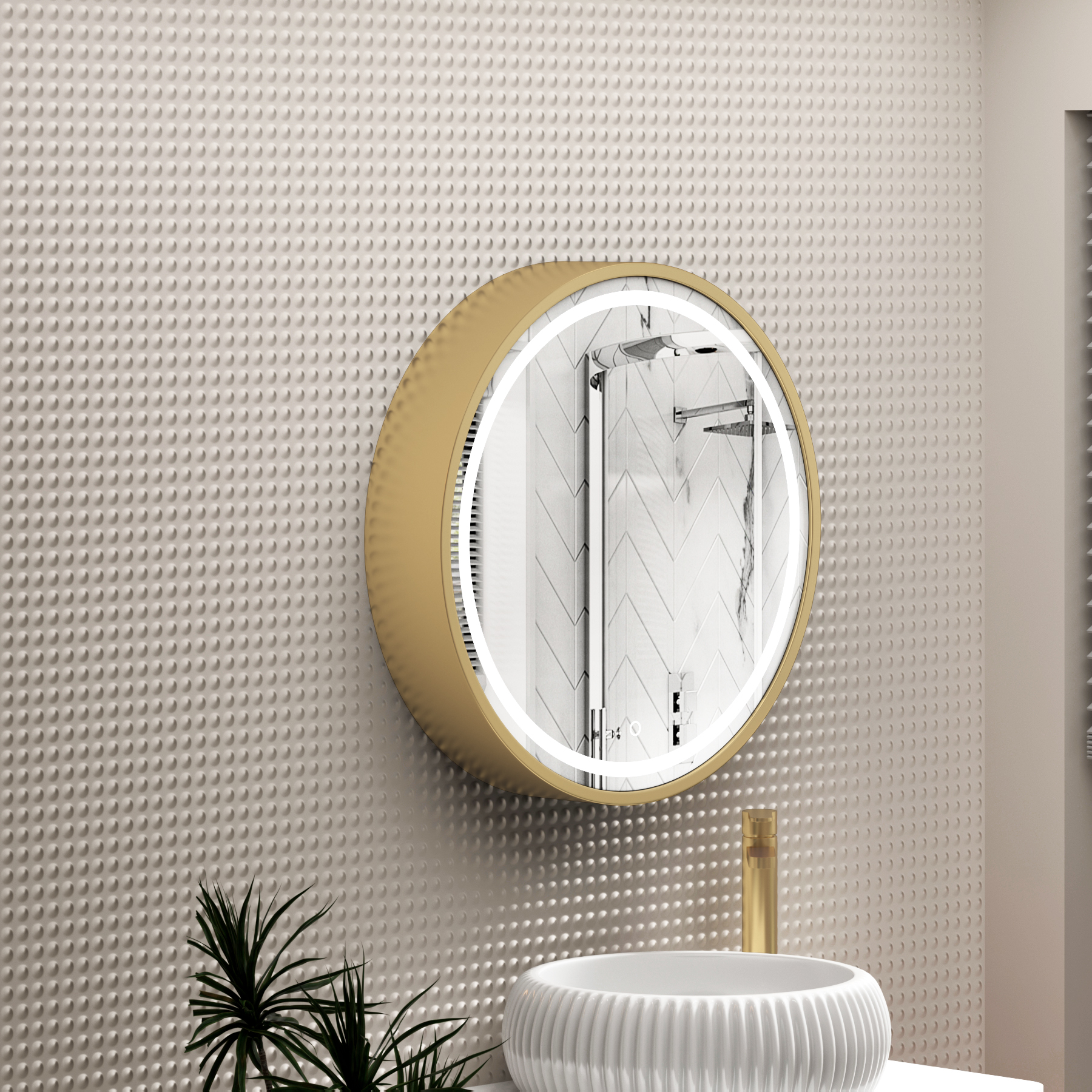 Avenza Brushed Brass Framed Frontlit LED Cabinet Illuminated Round Mirror with Demister Pad & Touch Sensor