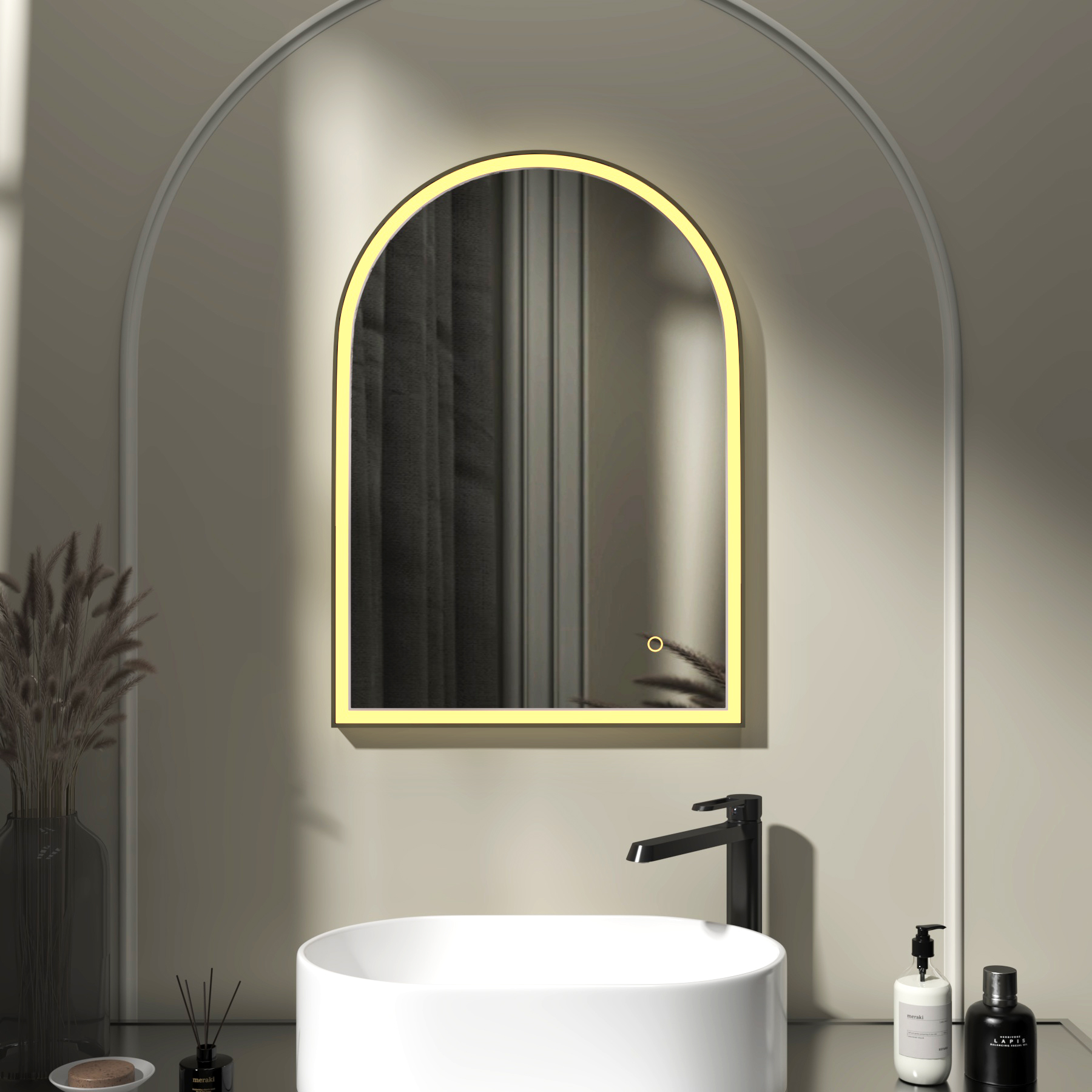 Venice 500 x 700mm Matt Black Frontlit Arched Framed LED Illuminated Bathroom Mirror with Touch Sensor
