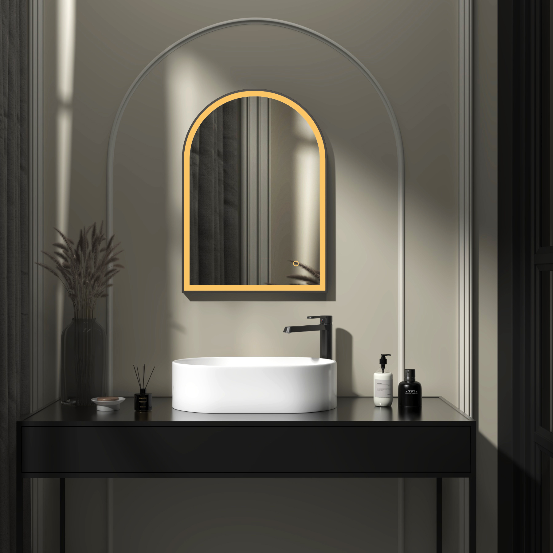 Venice 500 x 700mm Matt Black Frontlit Arched Framed LED Illuminated Bathroom Mirror with Touch Sensor