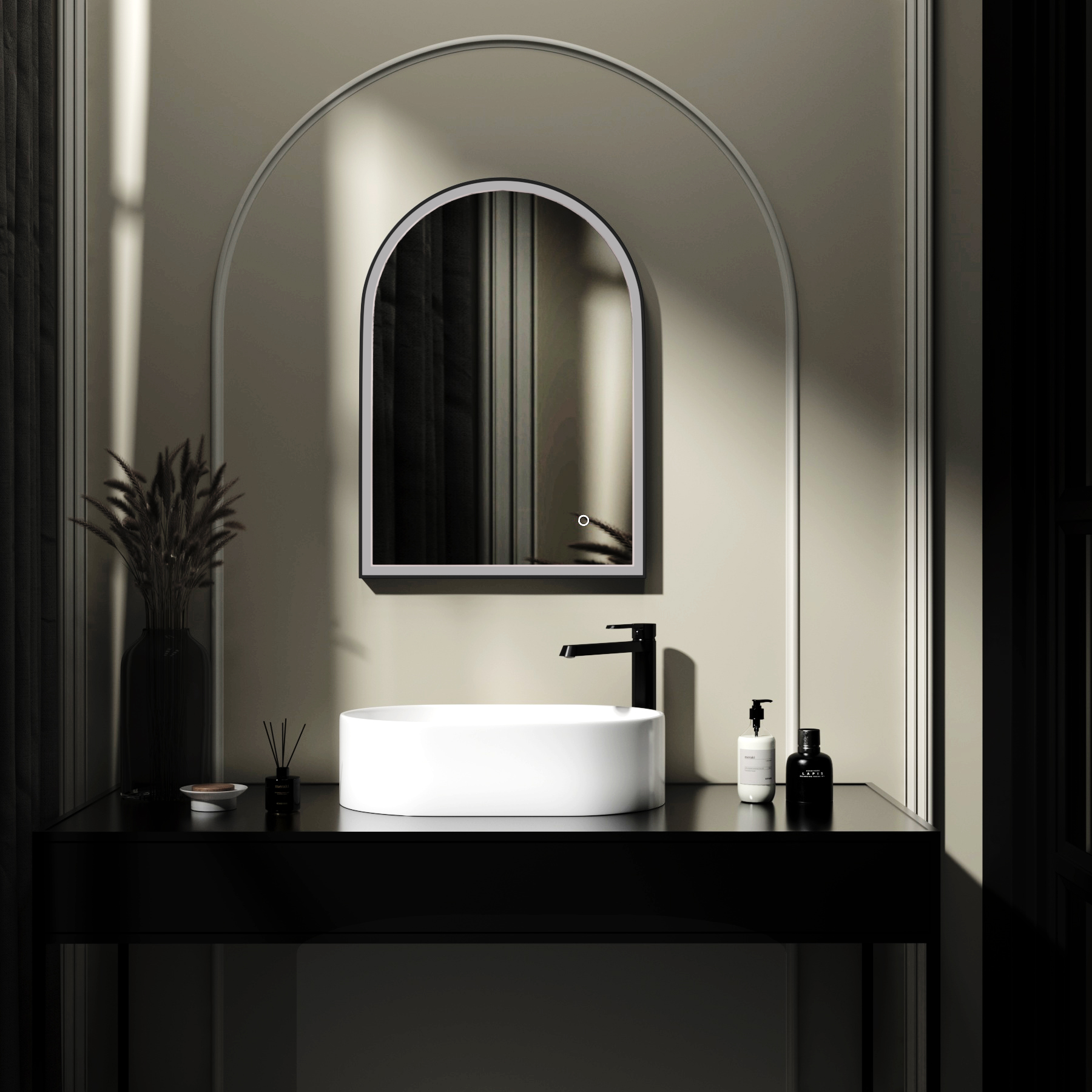Venice 500 x 700mm Matt Black Frontlit Arched Framed LED Illuminated Bathroom Mirror with Touch Sensor