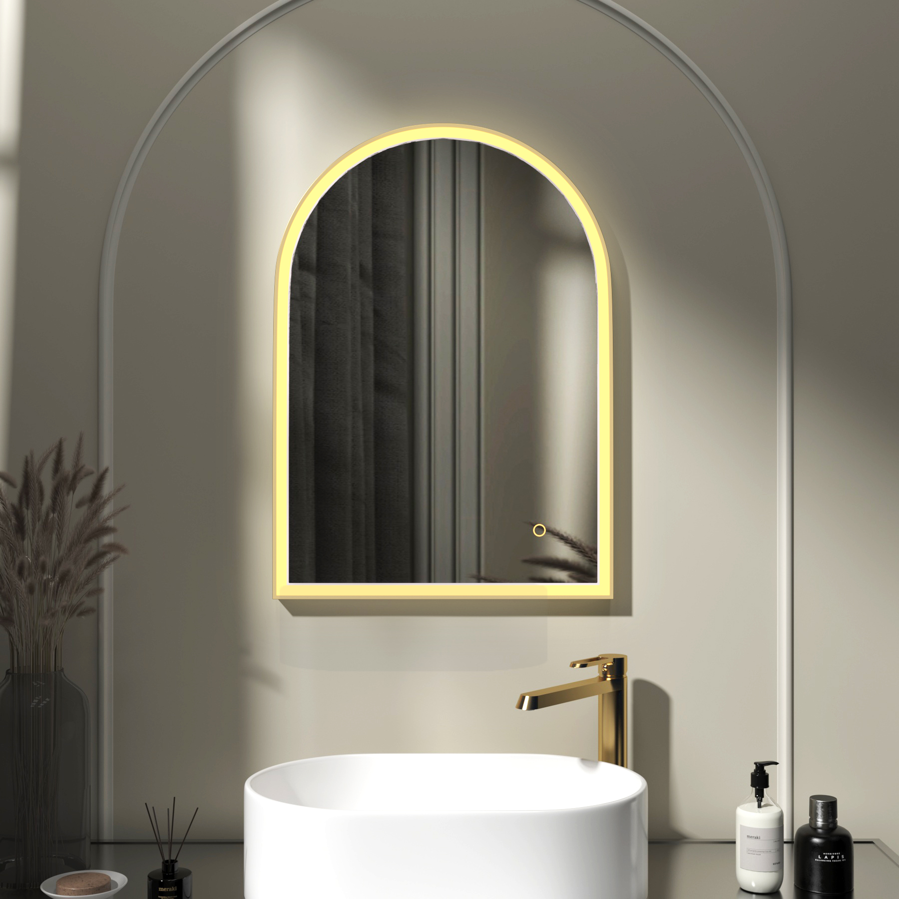 Venice 500 x 700mm Brushed Brass Frontlit Arched Framed LED Illuminated Bathroom Mirror with Touch Sensor