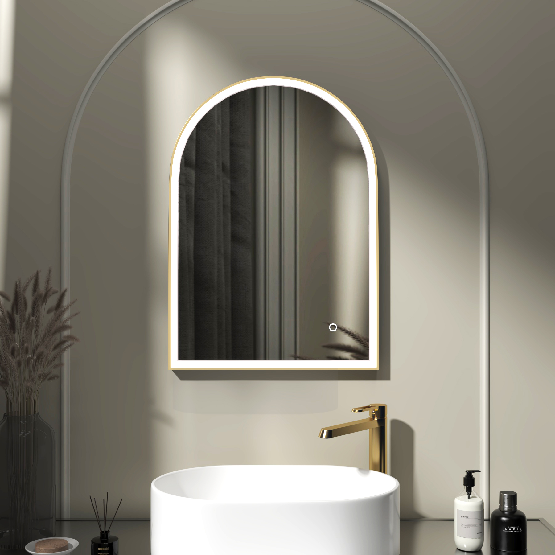 Venice 500 x 700mm Brushed Brass Frontlit Arched Framed LED Illuminated Bathroom Mirror with Touch Sensor
