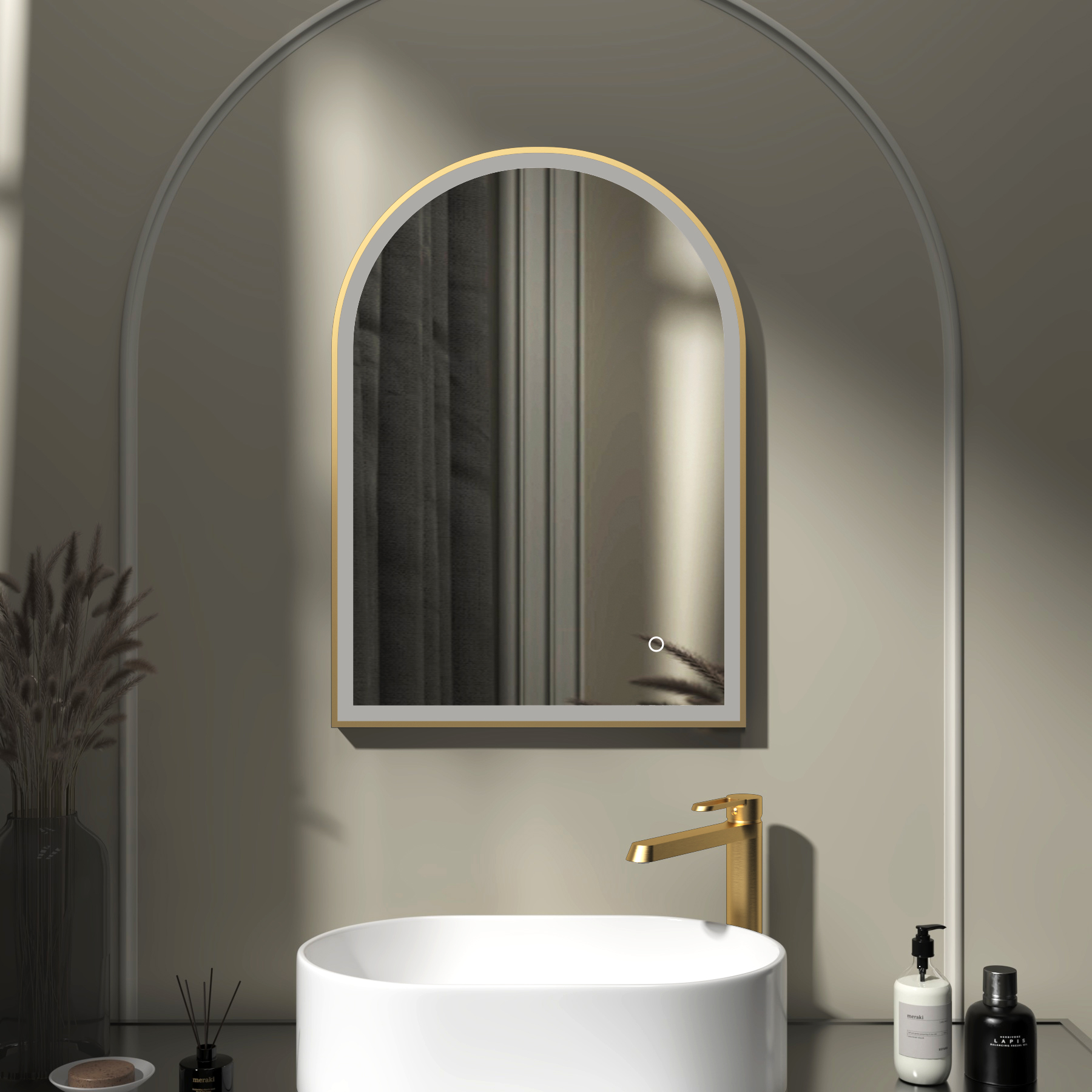 Venice 500 x 700mm Brushed Brass Frontlit Arched Framed LED Illuminated Bathroom Mirror with Touch Sensor