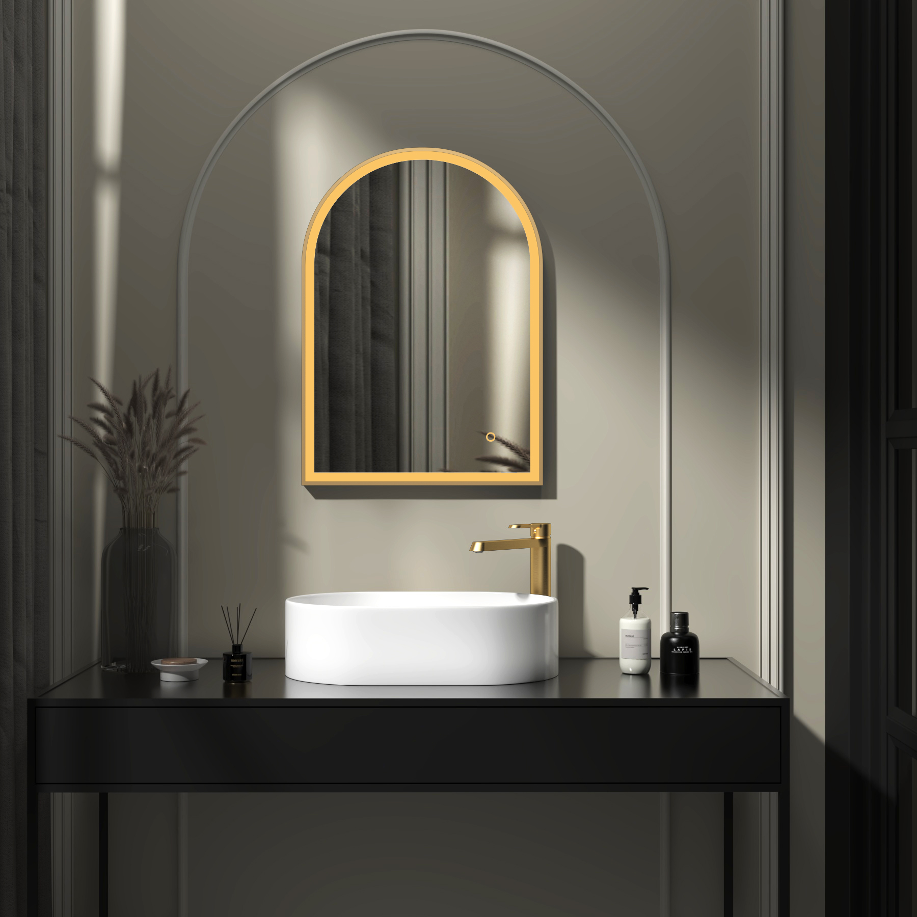 Venice 500 x 700mm Brushed Brass Frontlit Arched Framed LED Illuminated Bathroom Mirror with Touch Sensor