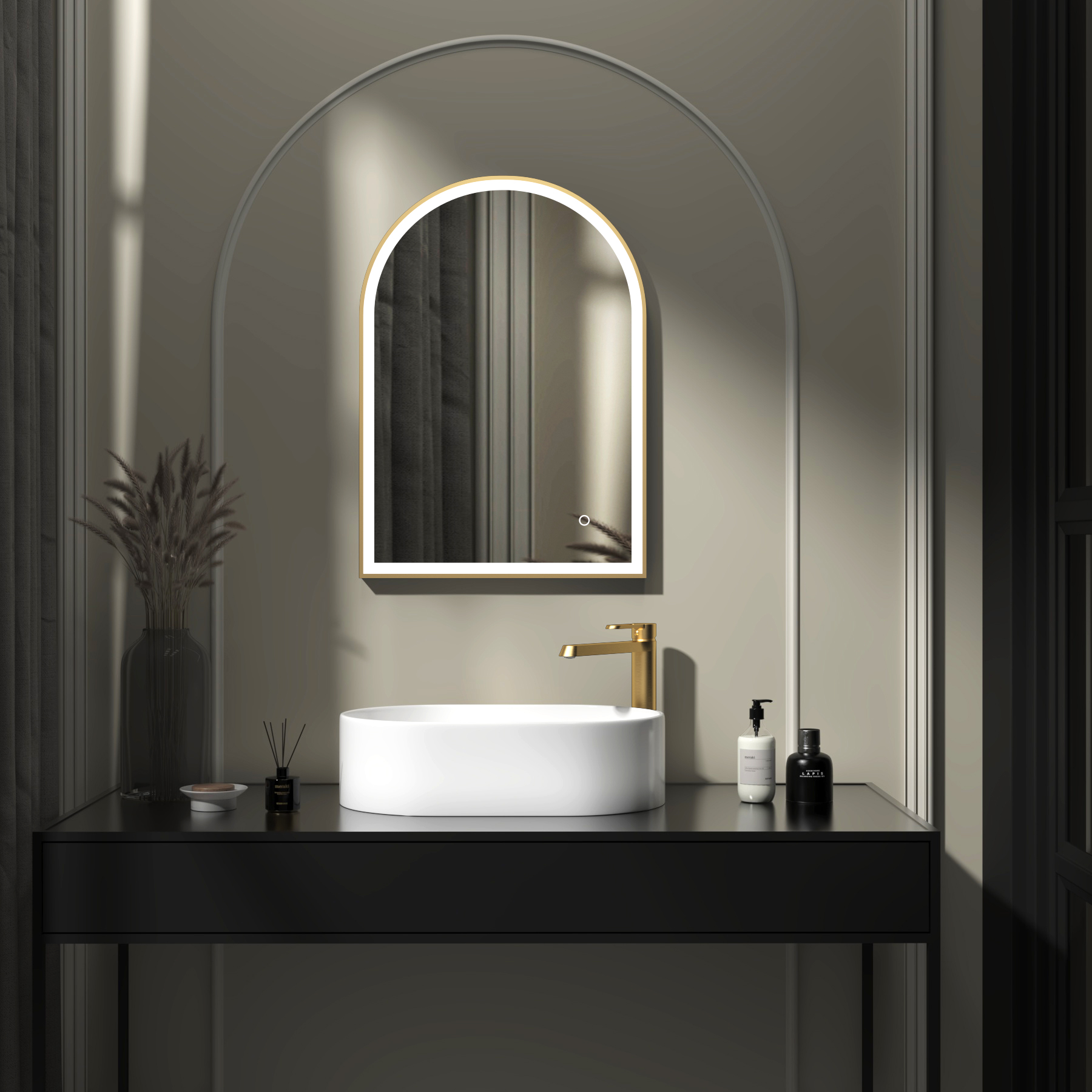Venice 500 x 700mm Brushed Brass Frontlit Arched Framed LED Illuminated Bathroom Mirror with Touch Sensor