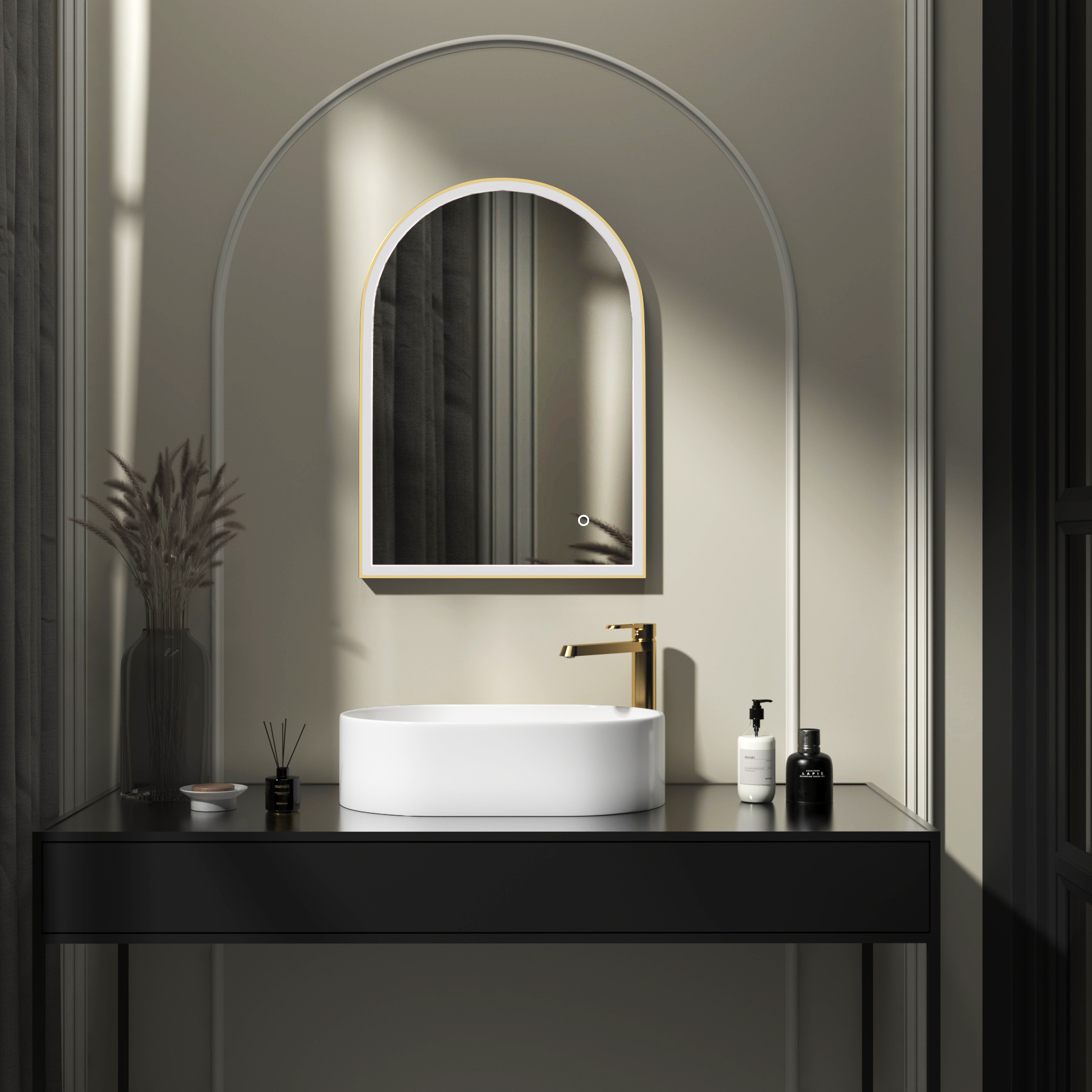 Venice 500 x 700mm Brushed Brass Frontlit Arched Framed LED Illuminated Bathroom Mirror with Touch Sensor