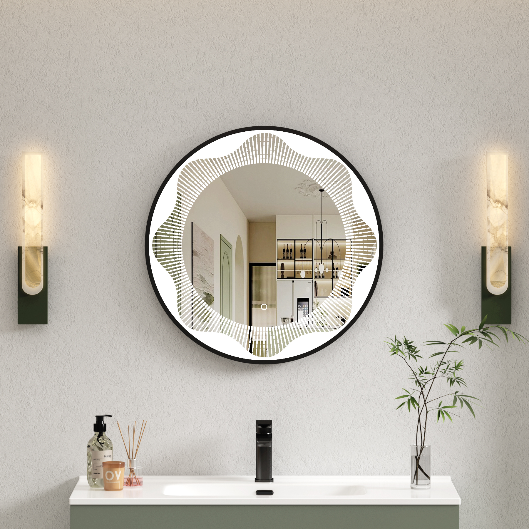 Venice Matt Black Round Frontlit LED Illuminated Bathroom Mirror Framed with Touch Sensor & Anti-Fog