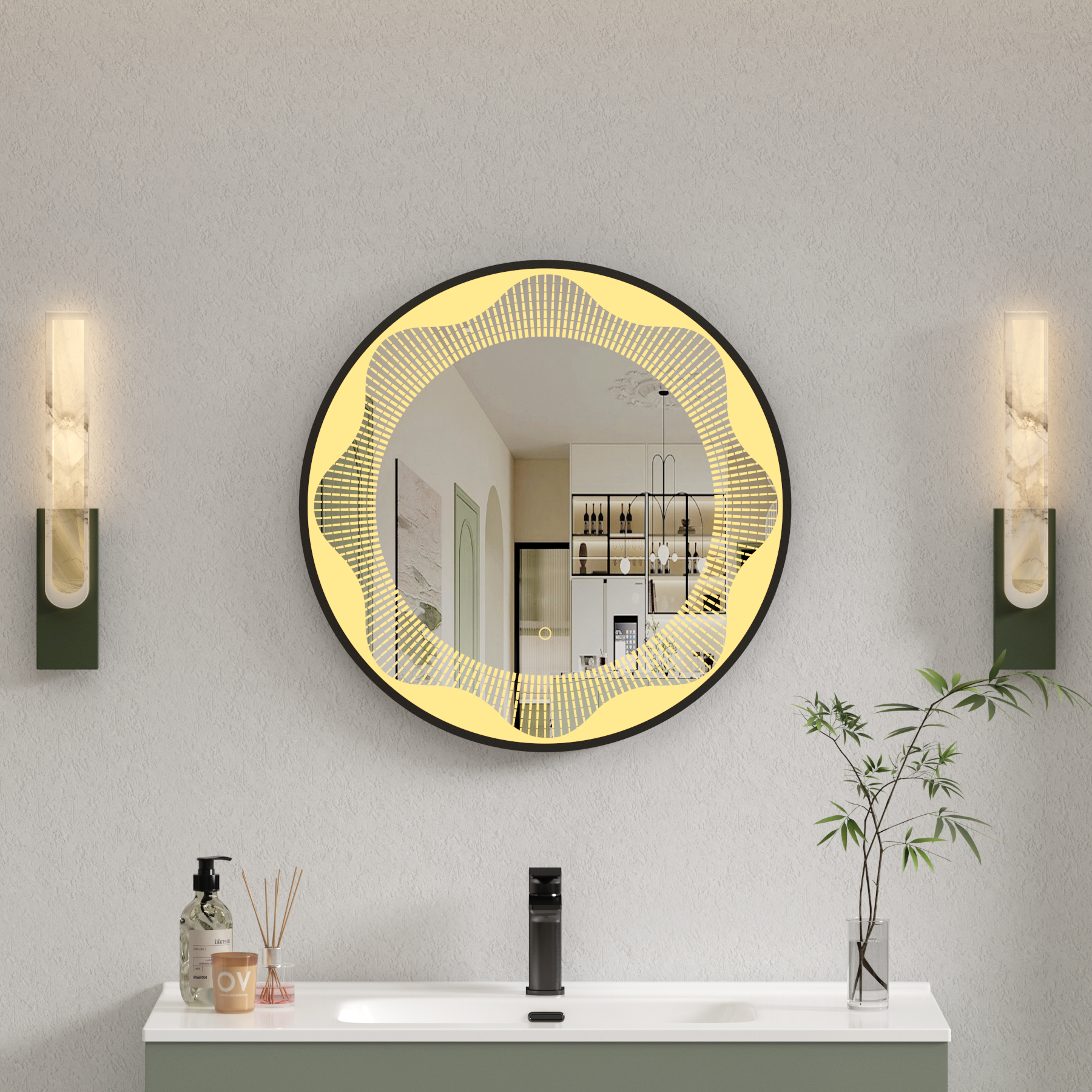 Venice Matt Black Round Frontlit LED Illuminated Bathroom Mirror Framed with Touch Sensor & Anti-Fog