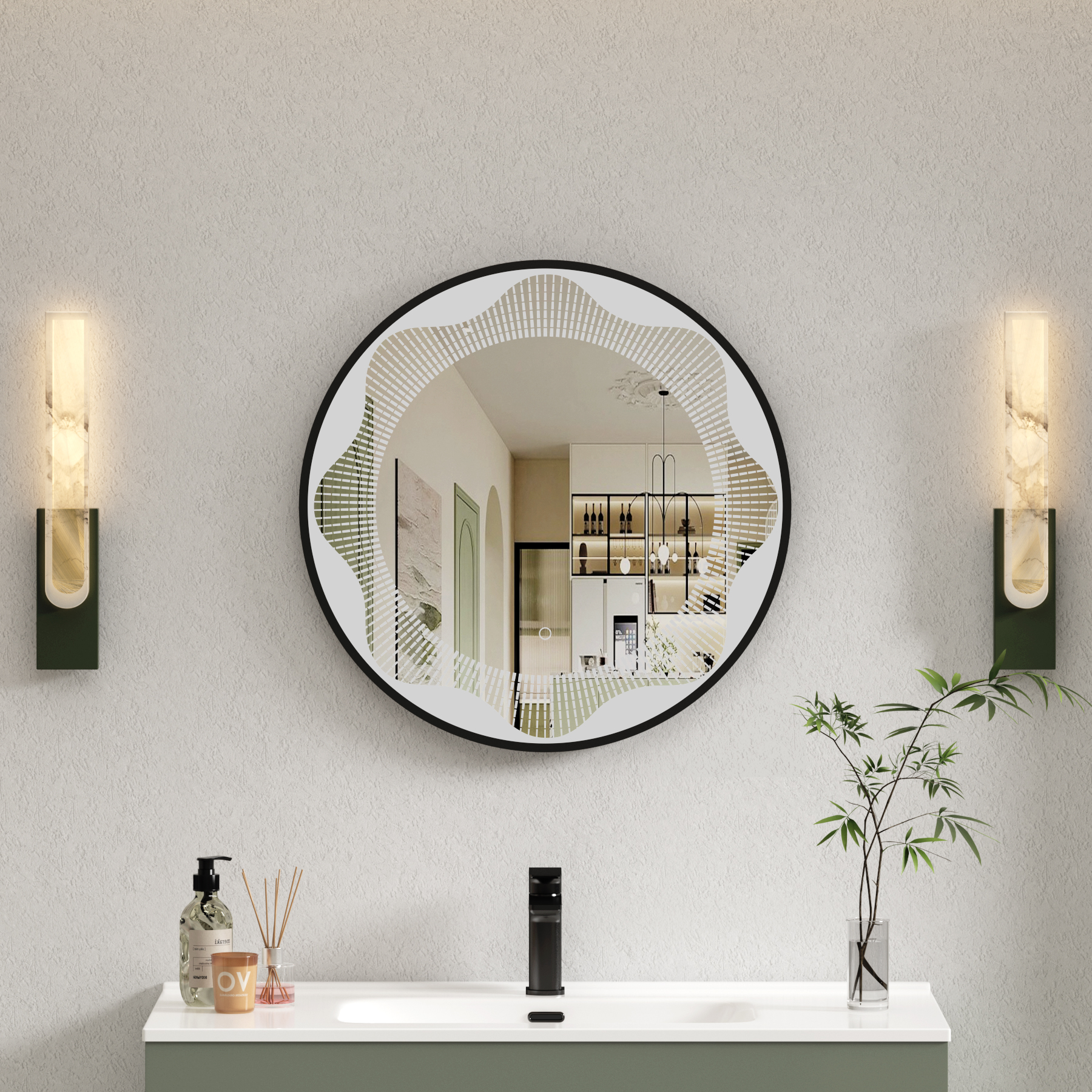 Venice Matt Black Round Frontlit LED Illuminated Bathroom Mirror Framed with Touch Sensor & Anti-Fog