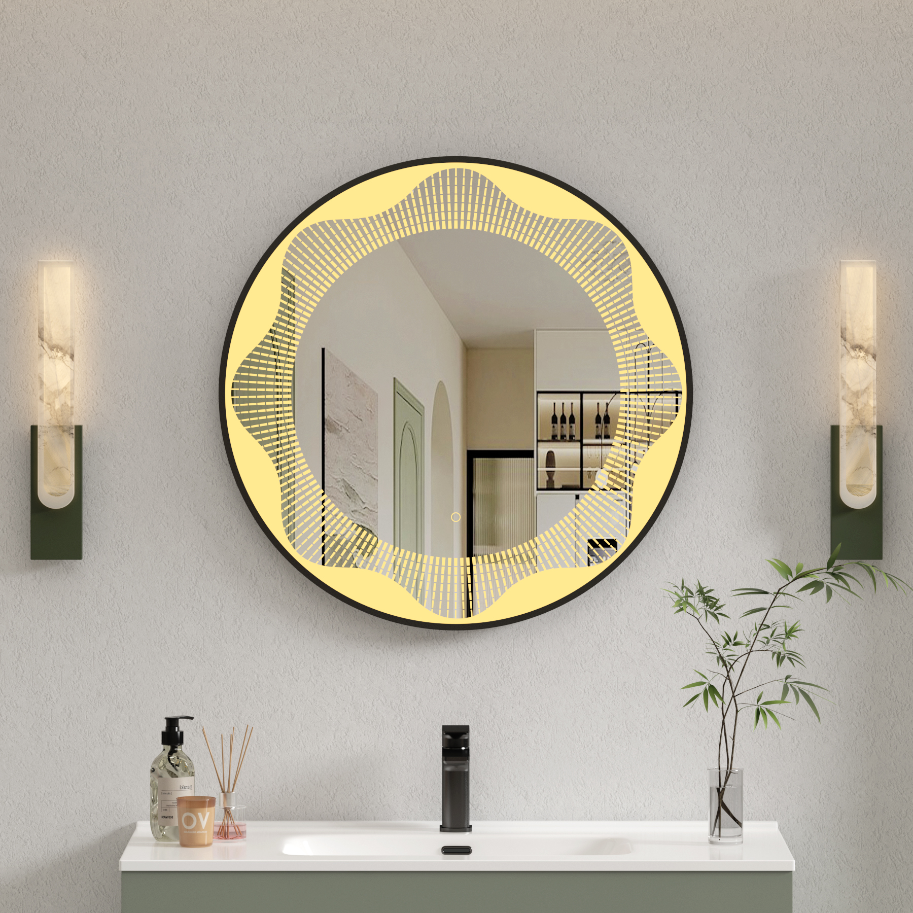 Venice Matt Black Round Frontlit LED Illuminated Bathroom Mirror Framed with Touch Sensor & Anti-Fog
