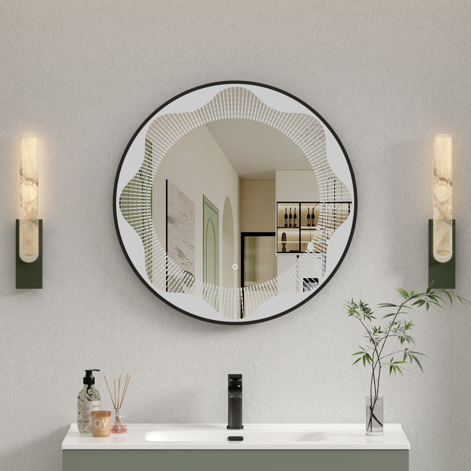 Venice Matt Black Round Frontlit LED Illuminated Bathroom Mirror Framed with Touch Sensor & Anti-Fog