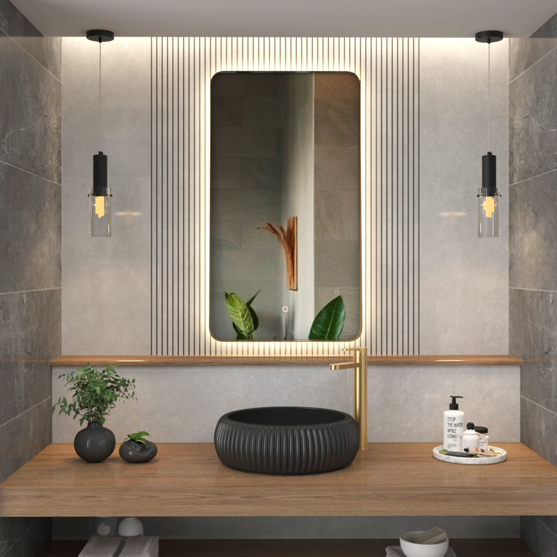 Verona 900 x 500mm Brushed Brass Backlit LED Illuminated Framed Mirror with Demister Pad & Touch Sensor 