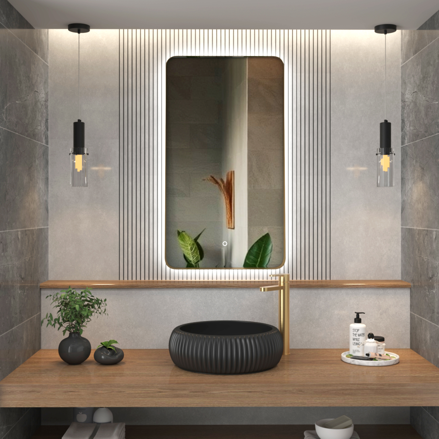 Verona 900 x 500mm Brushed Brass Backlit LED Illuminated Framed Mirror with Demister Pad & Touch Sensor 