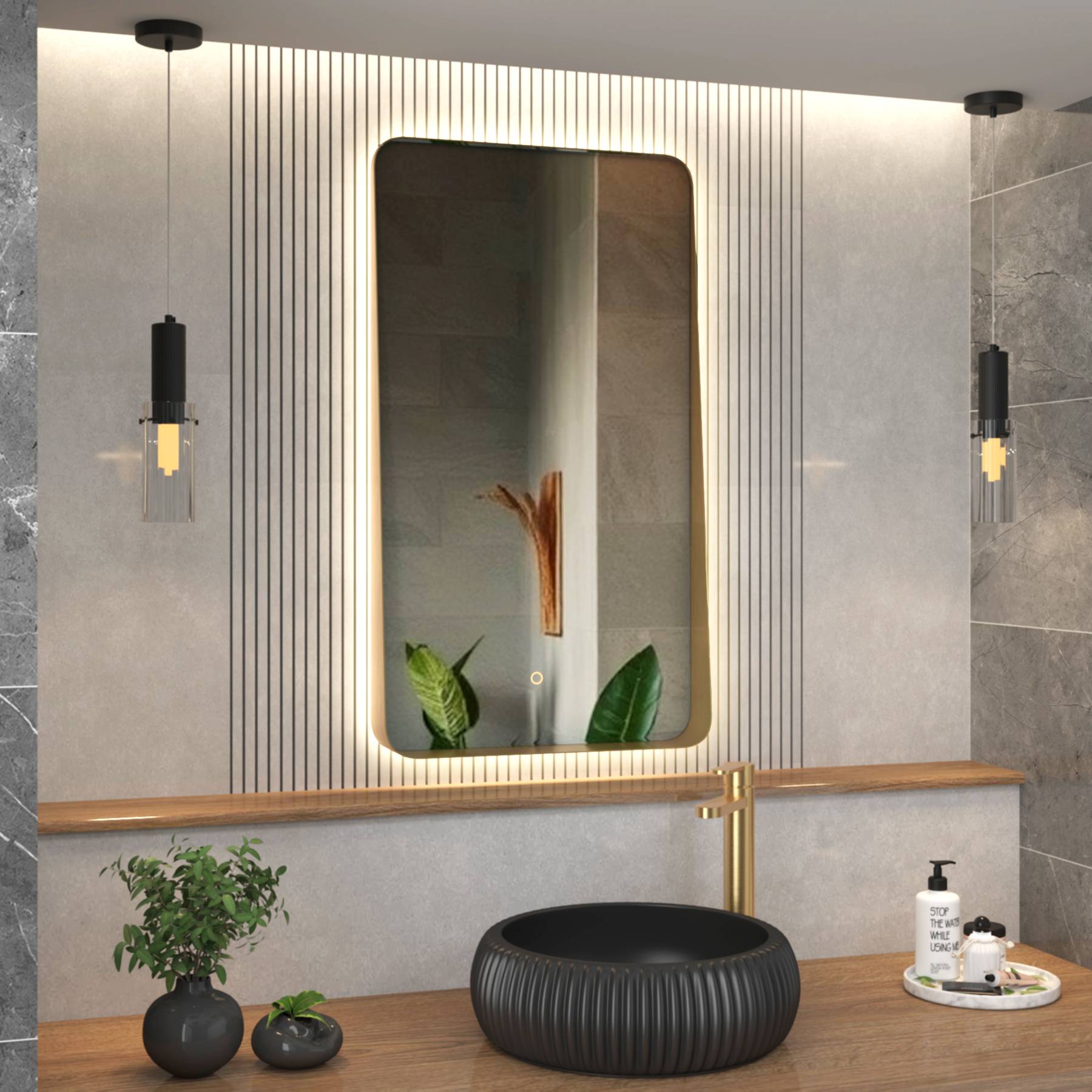 Verona 900 x 500mm Brushed Brass Backlit LED Illuminated Framed Mirror with Demister Pad & Touch Sensor 