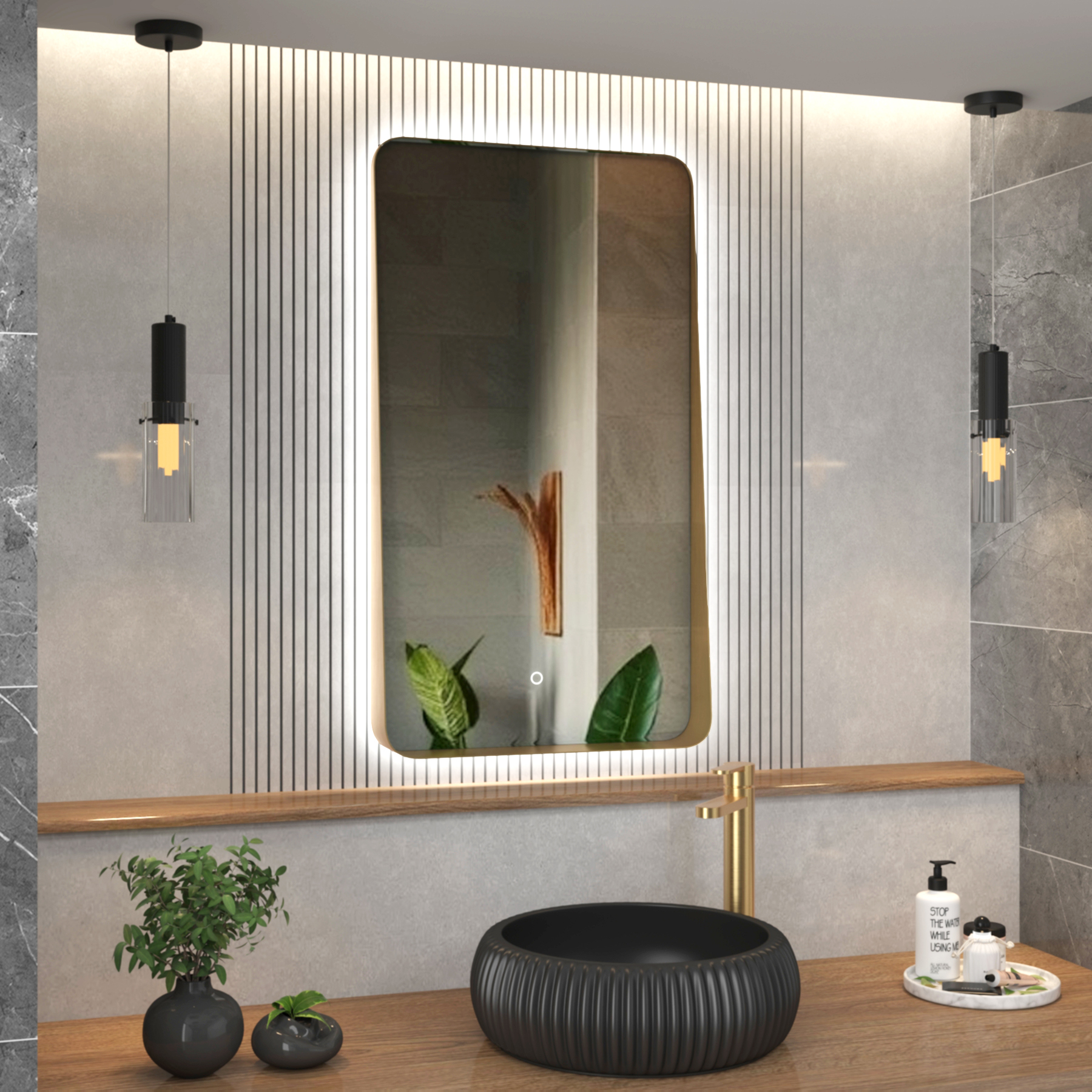 Verona 900 x 500mm Brushed Brass Backlit LED Illuminated Framed Mirror with Demister Pad & Touch Sensor 
